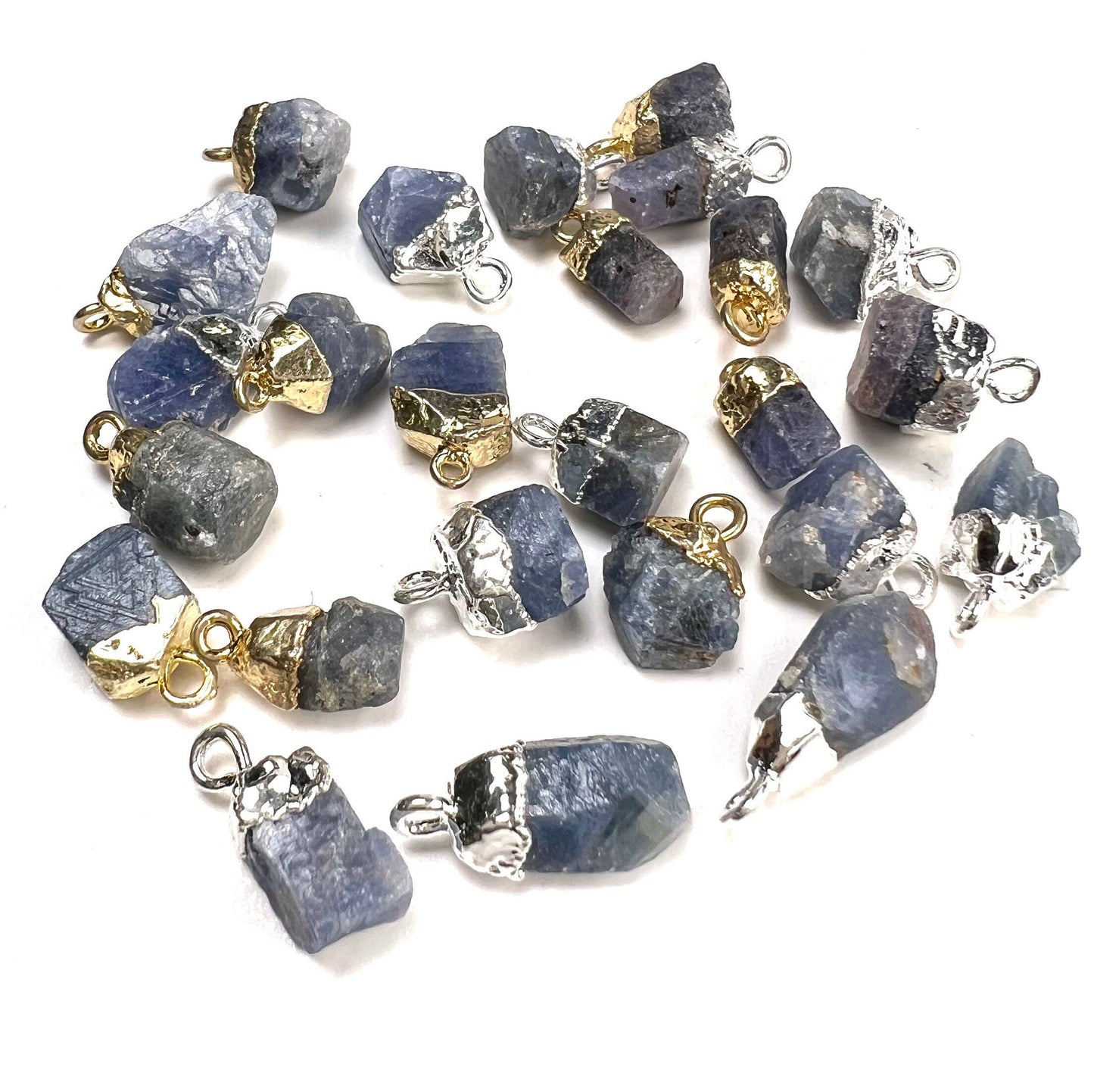 Natural Raw Blue Kyanite Freeform Gemstone with Sterling silver and 22k gold vermeil cap charms ,pendant dangle, Good luck gems .