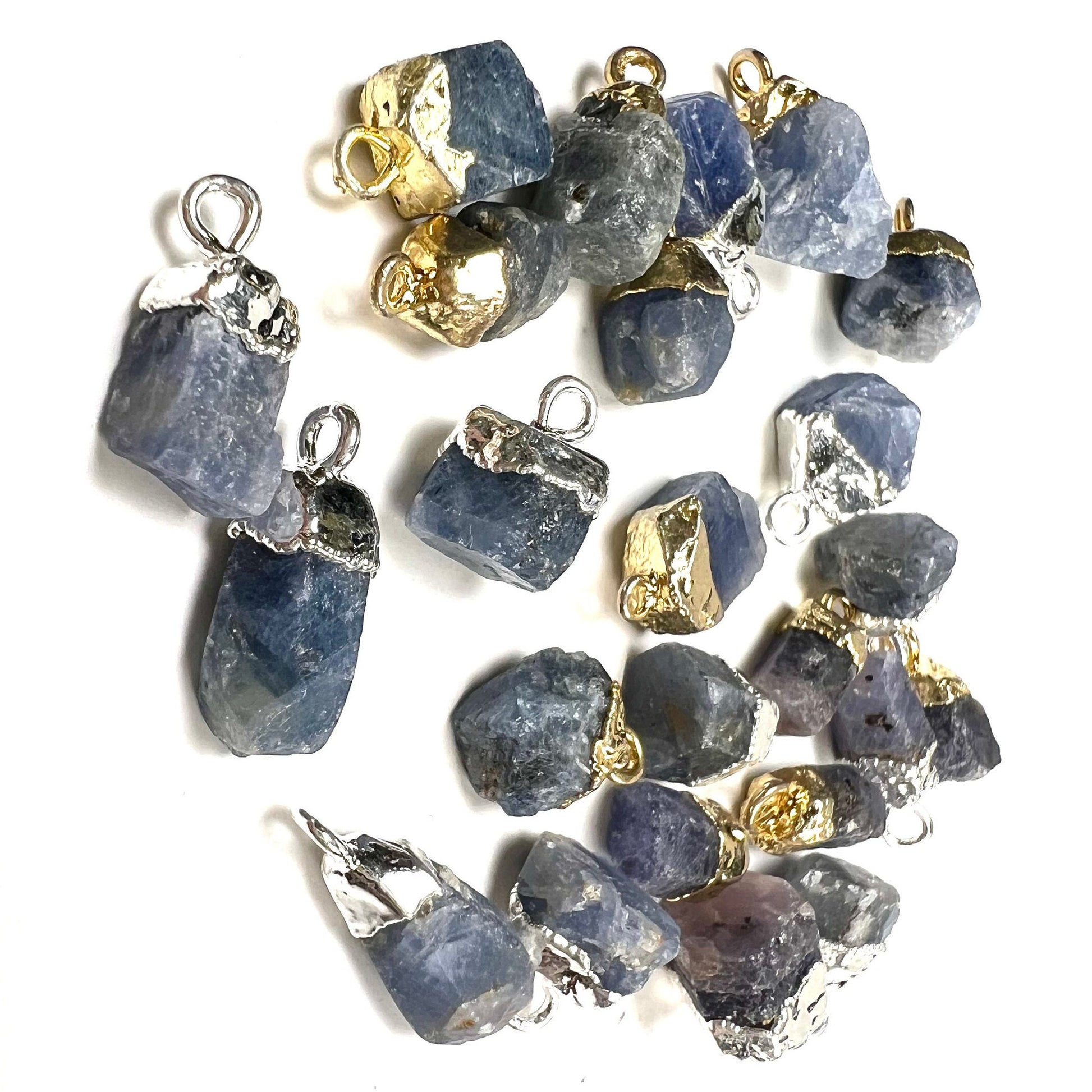 Natural Raw Blue Kyanite Freeform Gemstone with Sterling silver and 22k gold vermeil cap charms ,pendant dangle, Good luck gems .