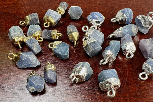 Natural Raw Blue Kyanite Freeform Gemstone with Sterling silver and 22k gold vermeil cap charms ,pendant dangle, Good luck gems .