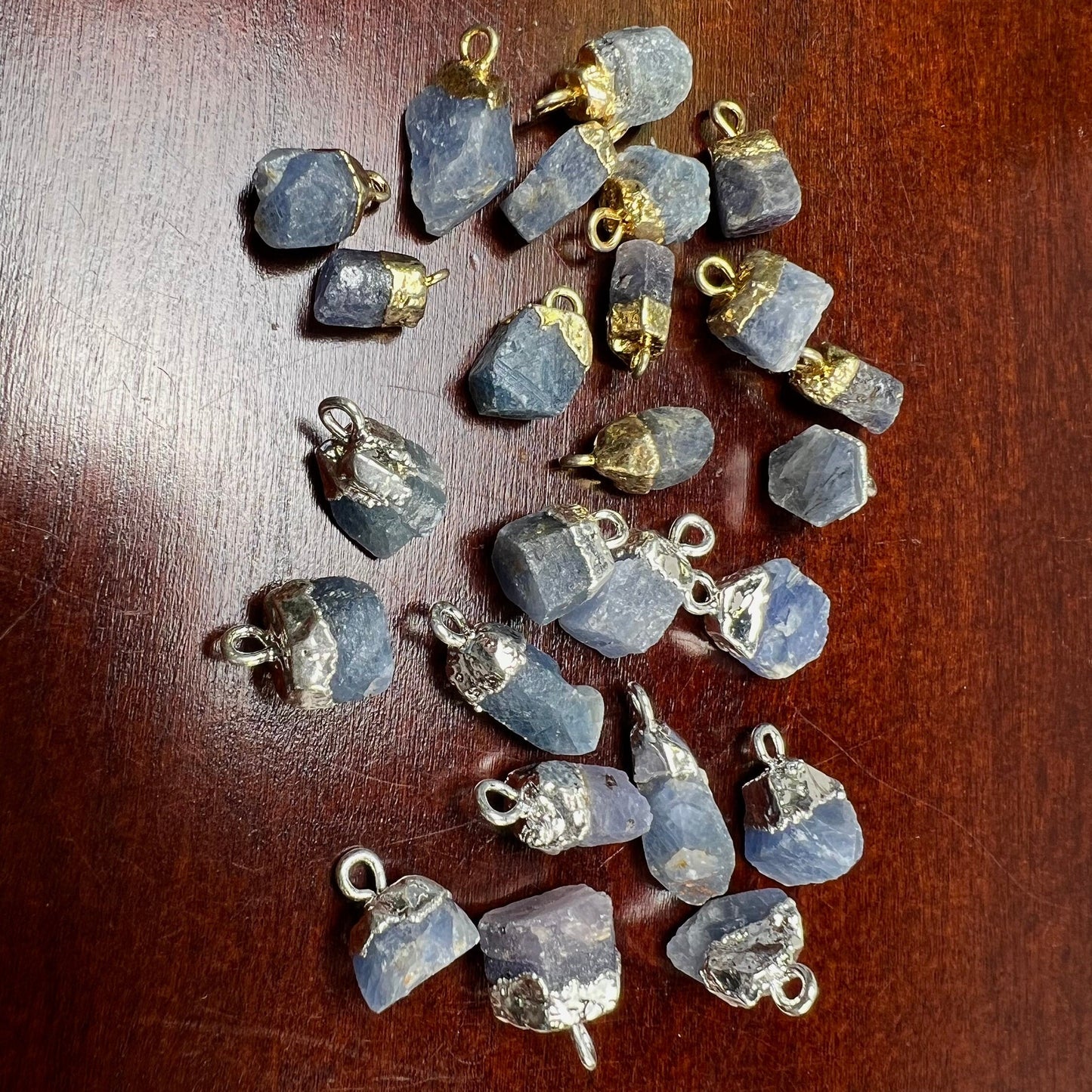 Natural Raw Blue Kyanite Freeform Gemstone with Sterling silver and 22k gold vermeil cap charms ,pendant dangle, Good luck gems .