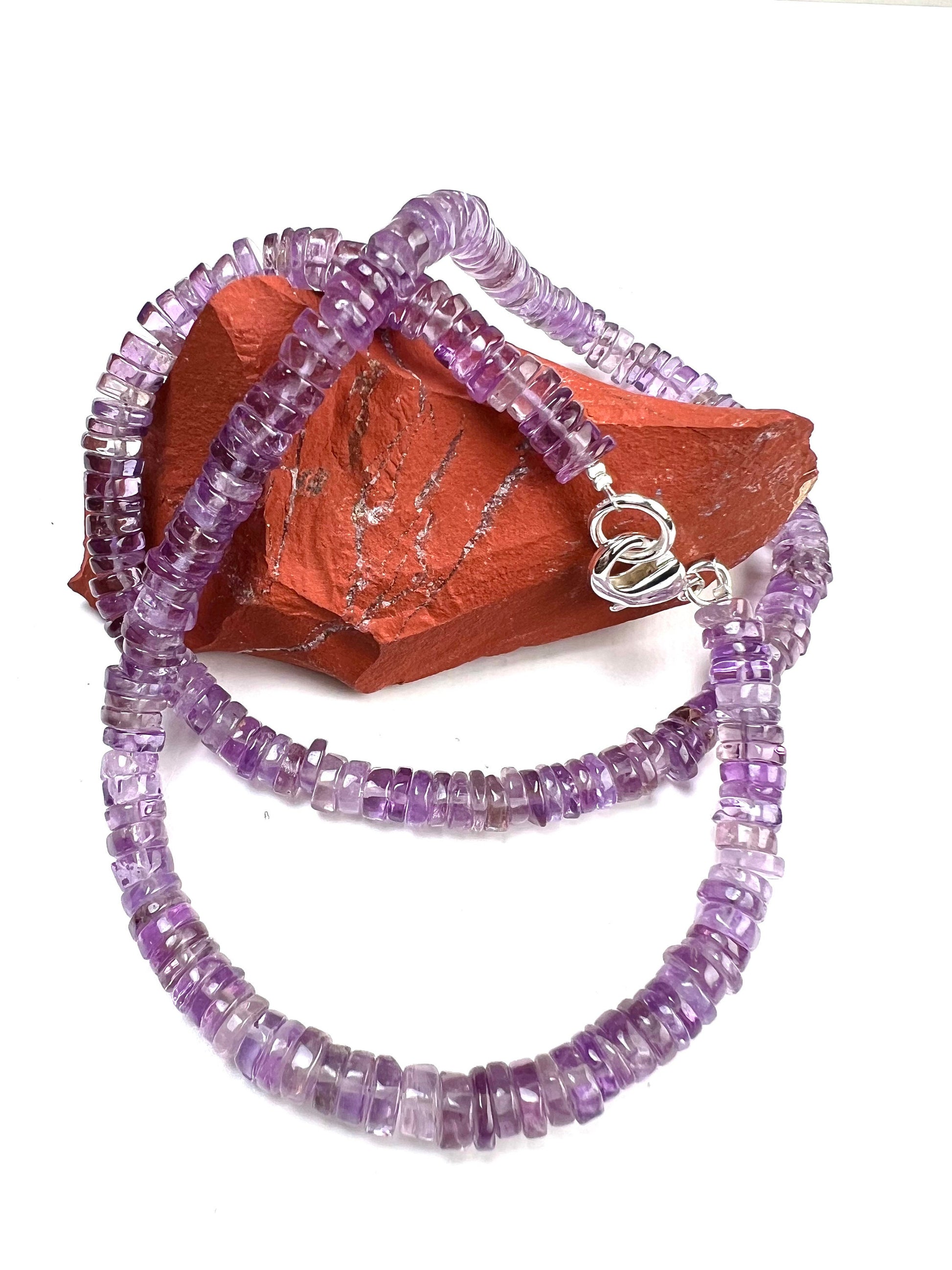 Natural Pink Amethyst Smooth Heishi 5.5-6mm gemstone silver necklace.Protection healing detoxifying gems