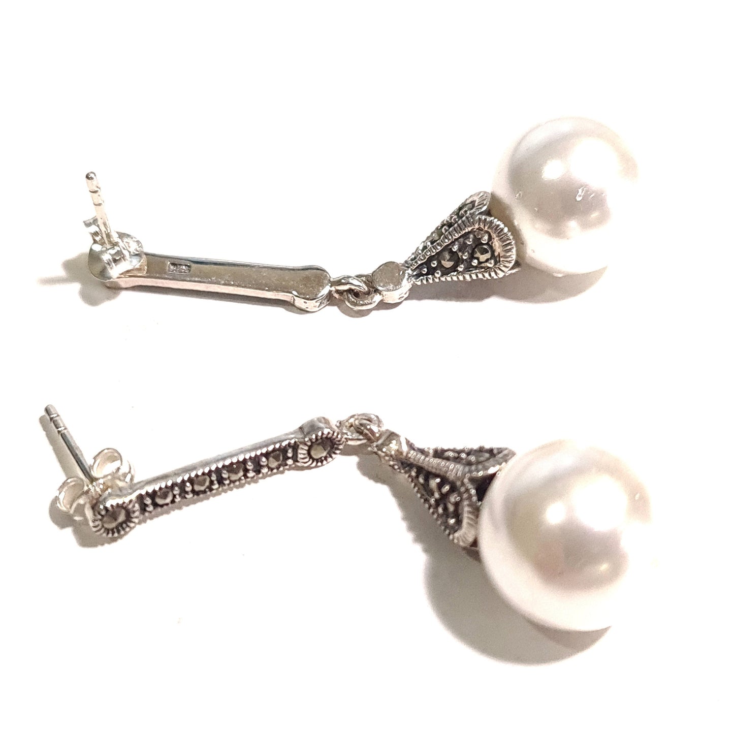 Marcasite 925 Sterling Silver Post Earrings parts 35mm long Vintage Antique Marcasite Dangling Earrings Findings ,925 stamped, Sold by pair.