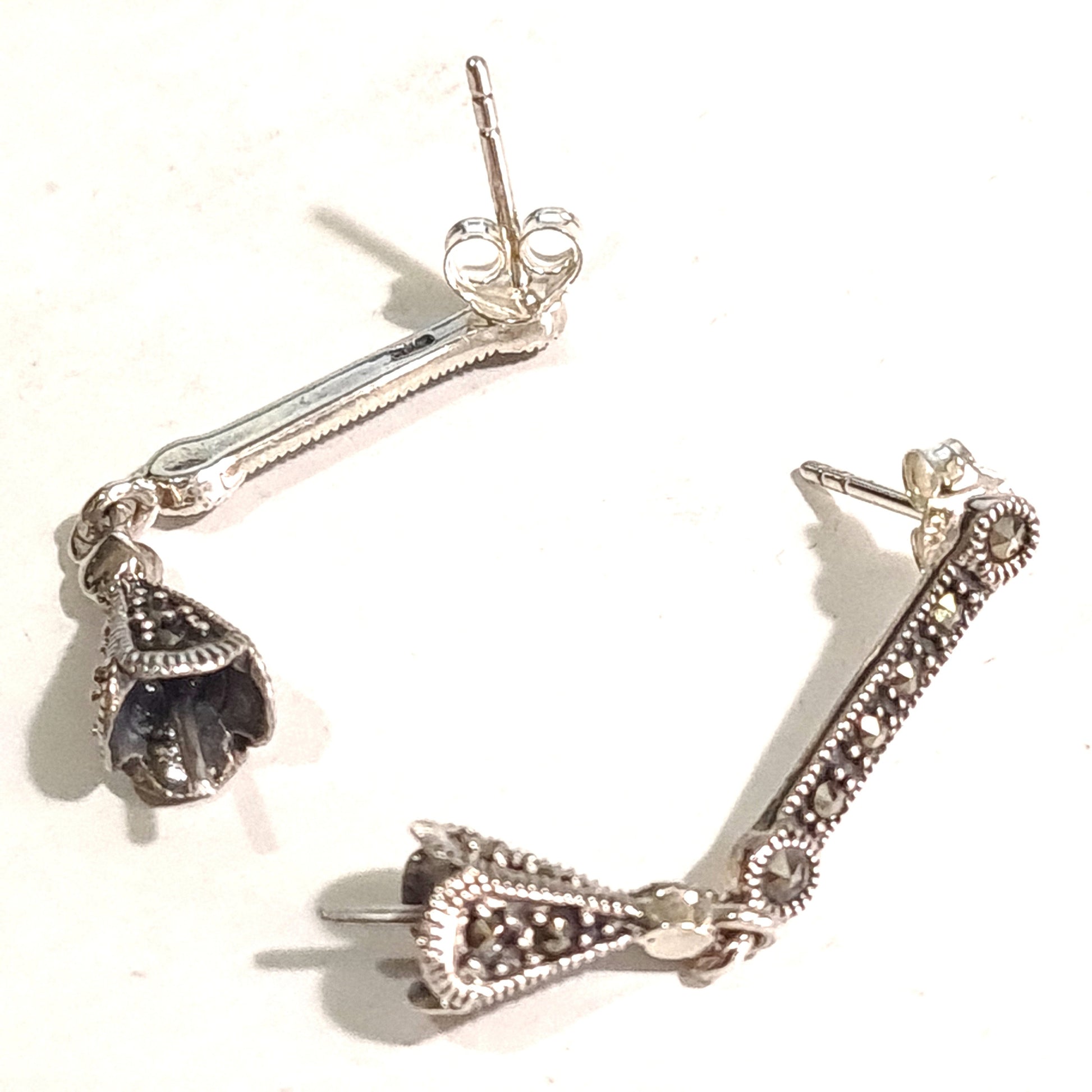 Marcasite 925 Sterling Silver Post Earrings parts 35mm long Vintage Antique Marcasite Dangling Earrings Findings ,925 stamped, Sold by pair.