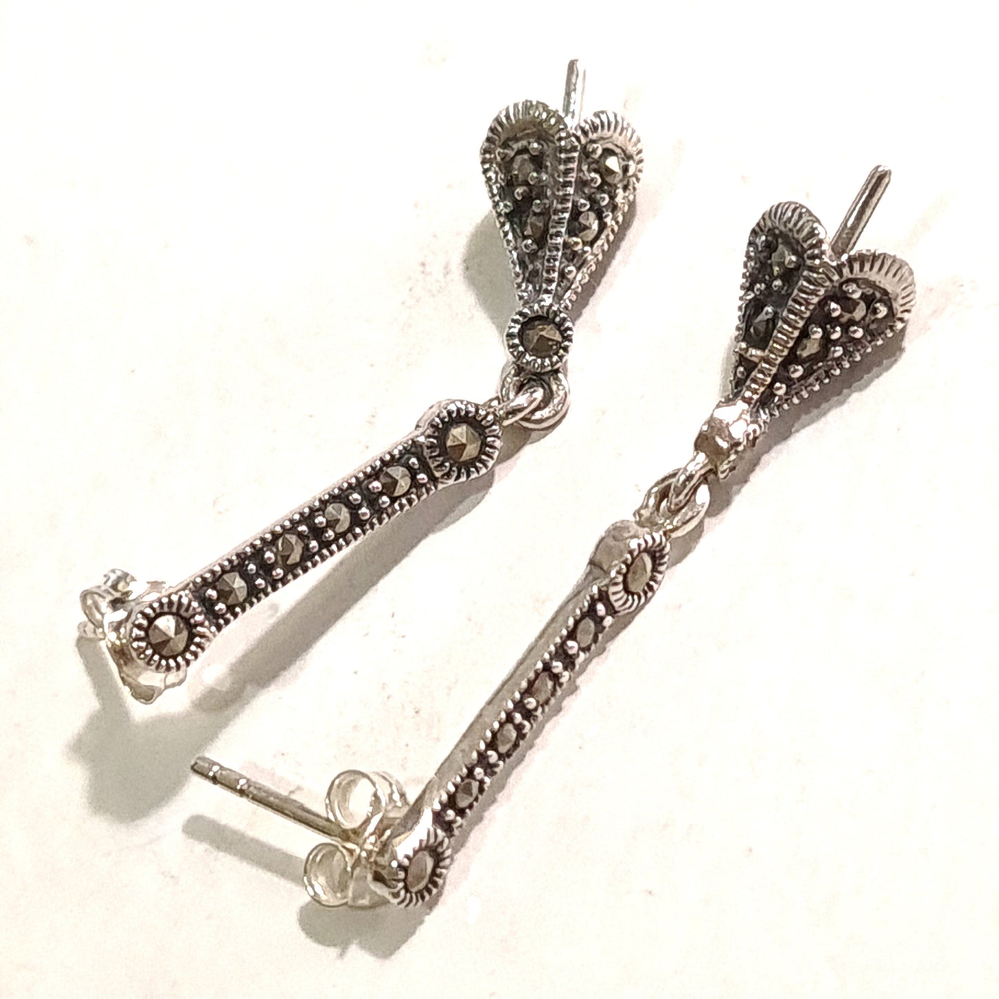 Marcasite 925 Sterling Silver Post Earrings 35mm long Vintage Antique Marcasite Dangling Earrings Findings ,925 stamped, Sold by pair.