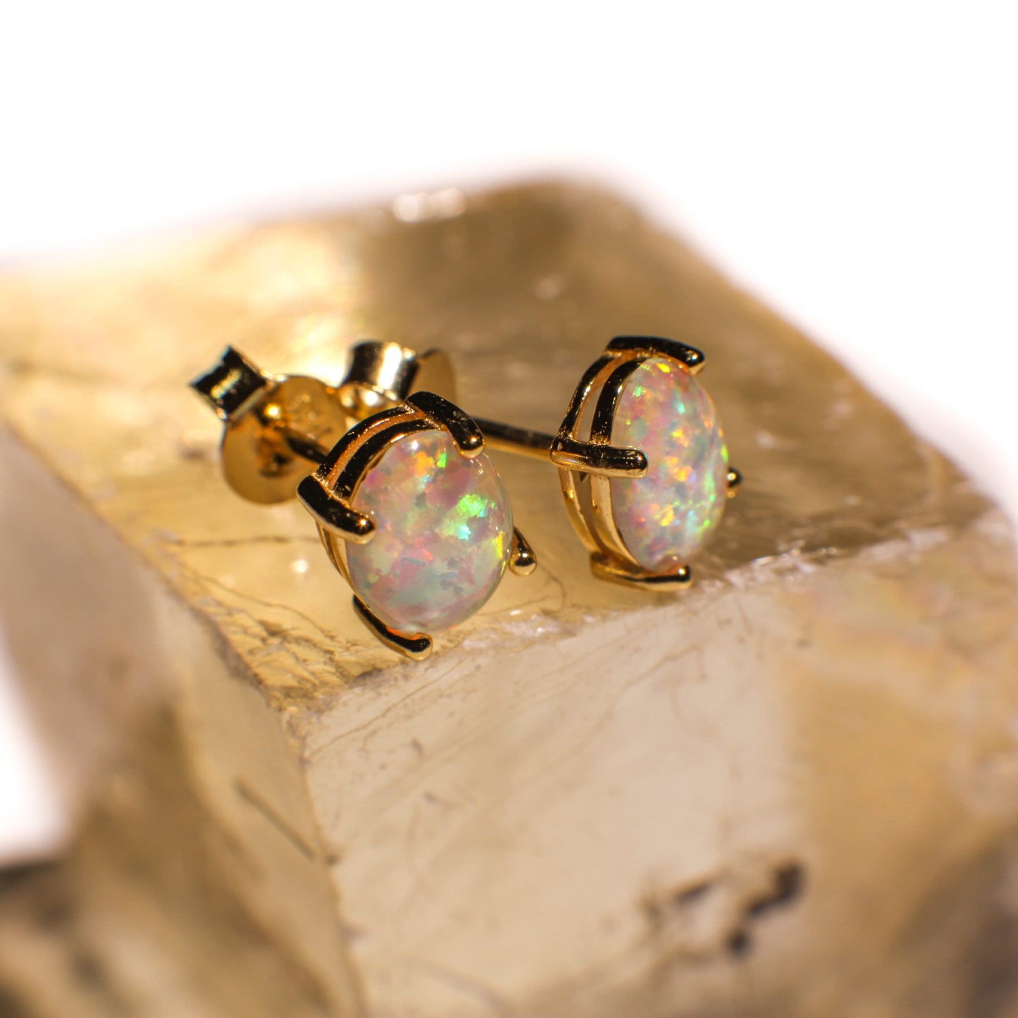 Genuine Ethiopian Fire Opal, Welo Opal, 5x7mm Oval Stud Earrings in Gold Vermeil, AAA Quality Fiery Welo Opal Dainty Elegant Earrings, Gift