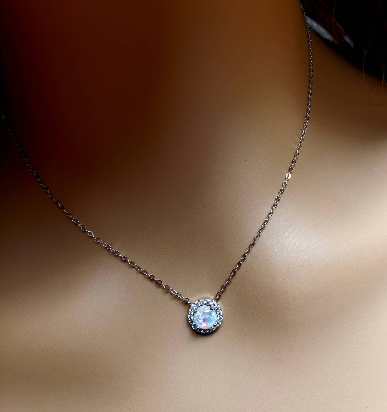 Ethiopian Fire Opal, Welo Opal, 9mm Round CZ Diamond setting pendant in 925 sterling silver Necklace. Genuine AAA Quality Fiery Opal gift