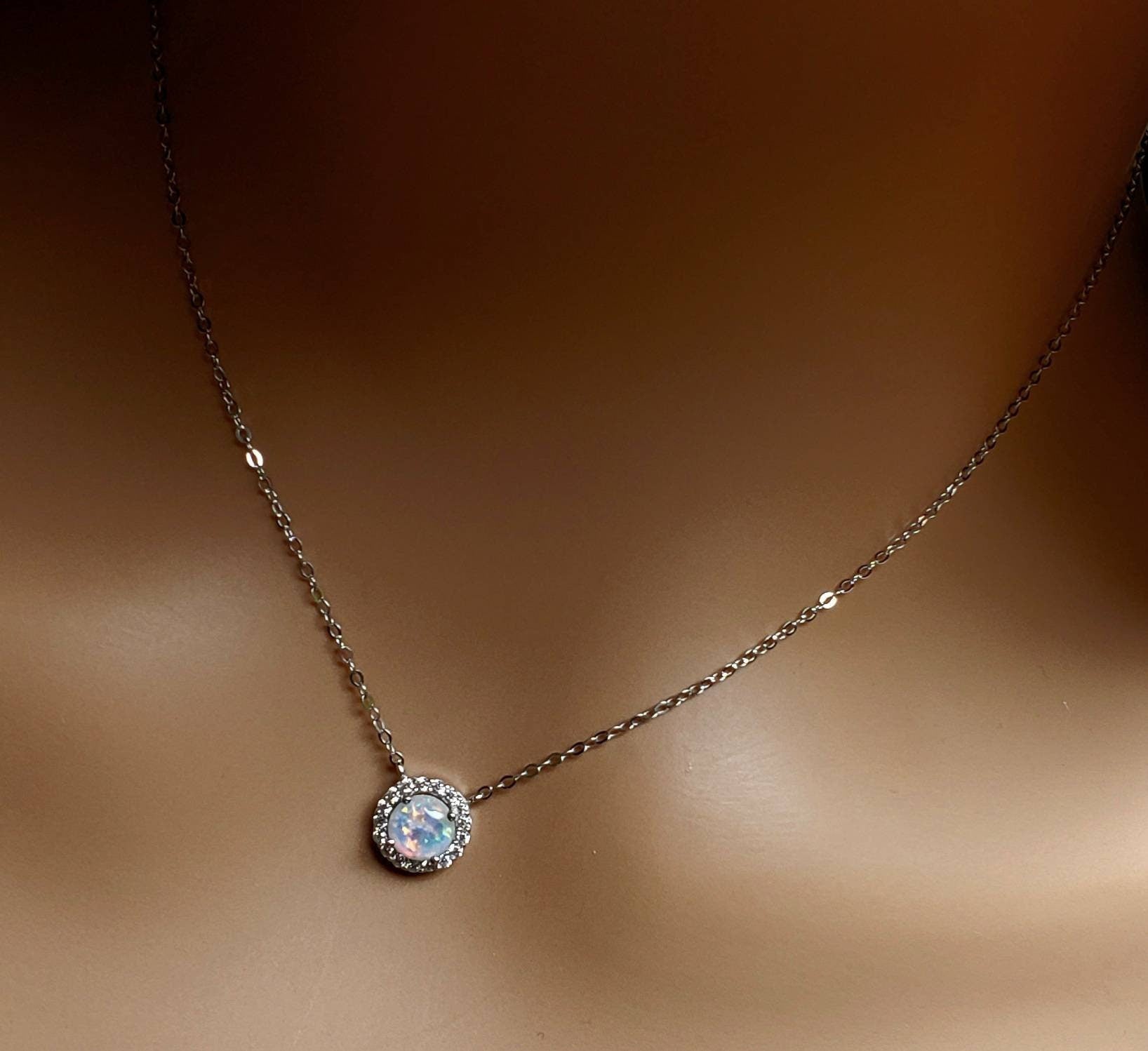 Ethiopian Fire Opal, Welo Opal, 9mm Round CZ Diamond setting pendant in 925 sterling silver Necklace. Genuine AAA Quality Fiery Opal gift