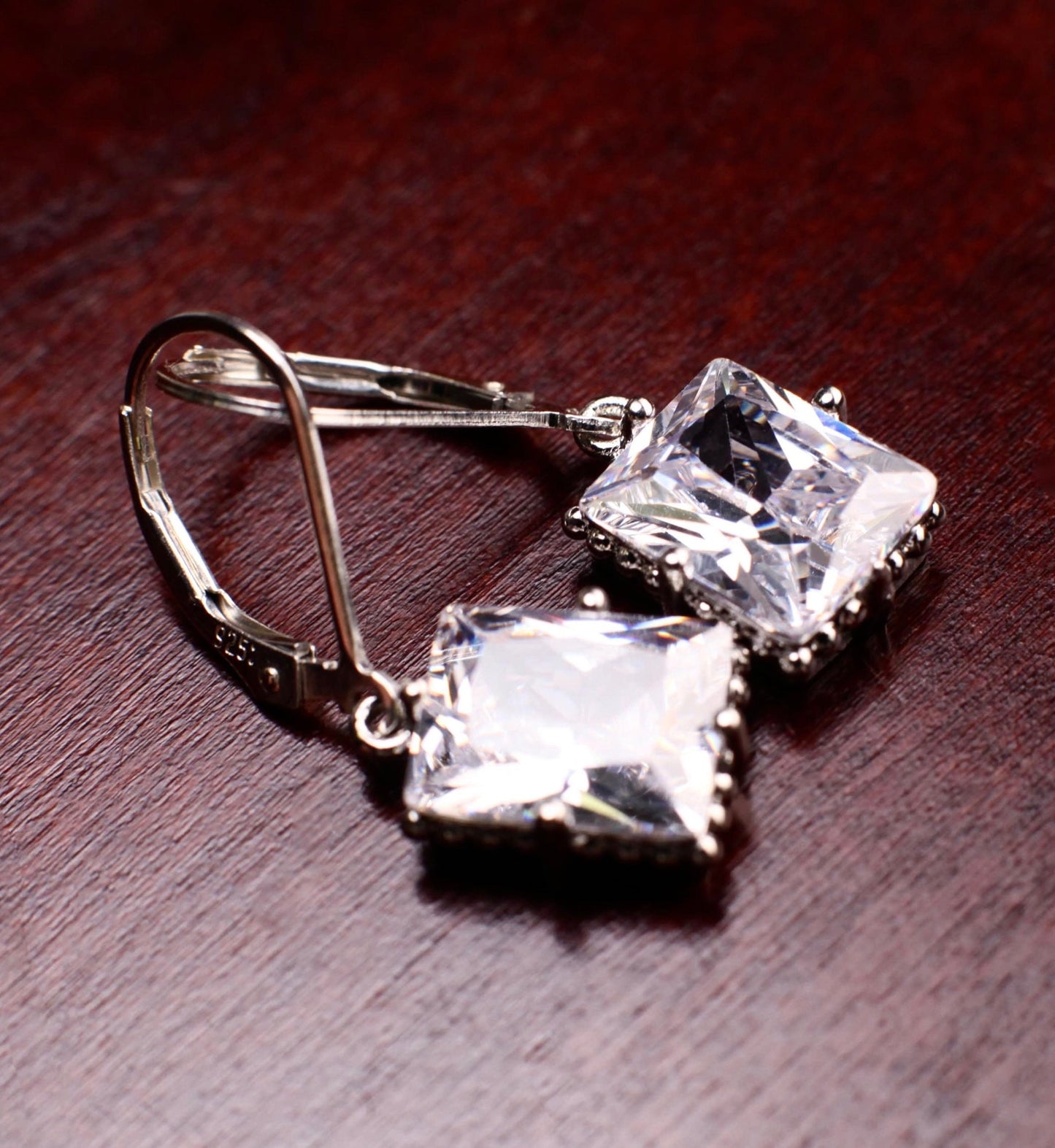Emerald Cut Cubic Zirconia CZ Diamond Rectangle Pillow Shape 9x12mm 925 Sterling Silver Leverback Earrings, Evening Wear,Bridal