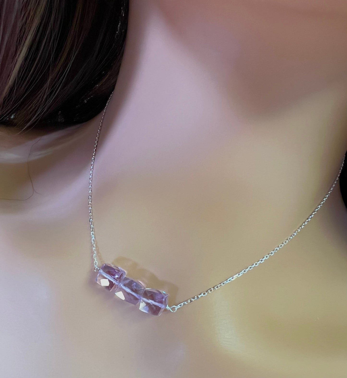 Natural Pink Amethyst 7-9mm 3 pcs Cube in 925 Sterling Silver necklace Soothing Gem, Natural AAA Amethyst Square Ice Cube Gems