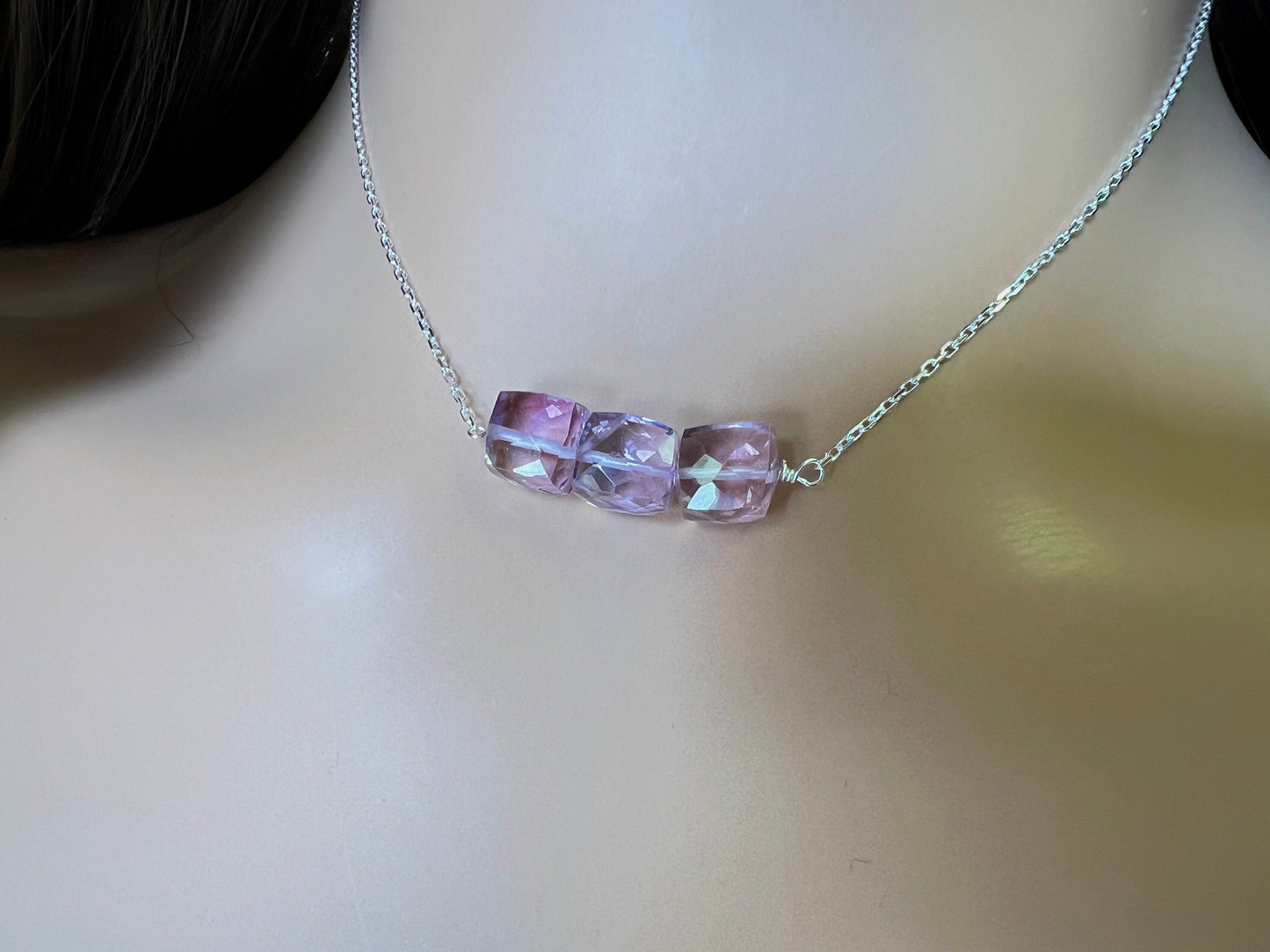 Natural Pink Amethyst 7-9mm 3 pcs Cube in 925 Sterling Silver necklace Soothing Gem, Natural AAA Amethyst Square Ice Cube Gems