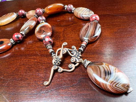 Genuine stripe agate smooth oval antique copper fancy toggle front and pendant statement chunky necklace 18”