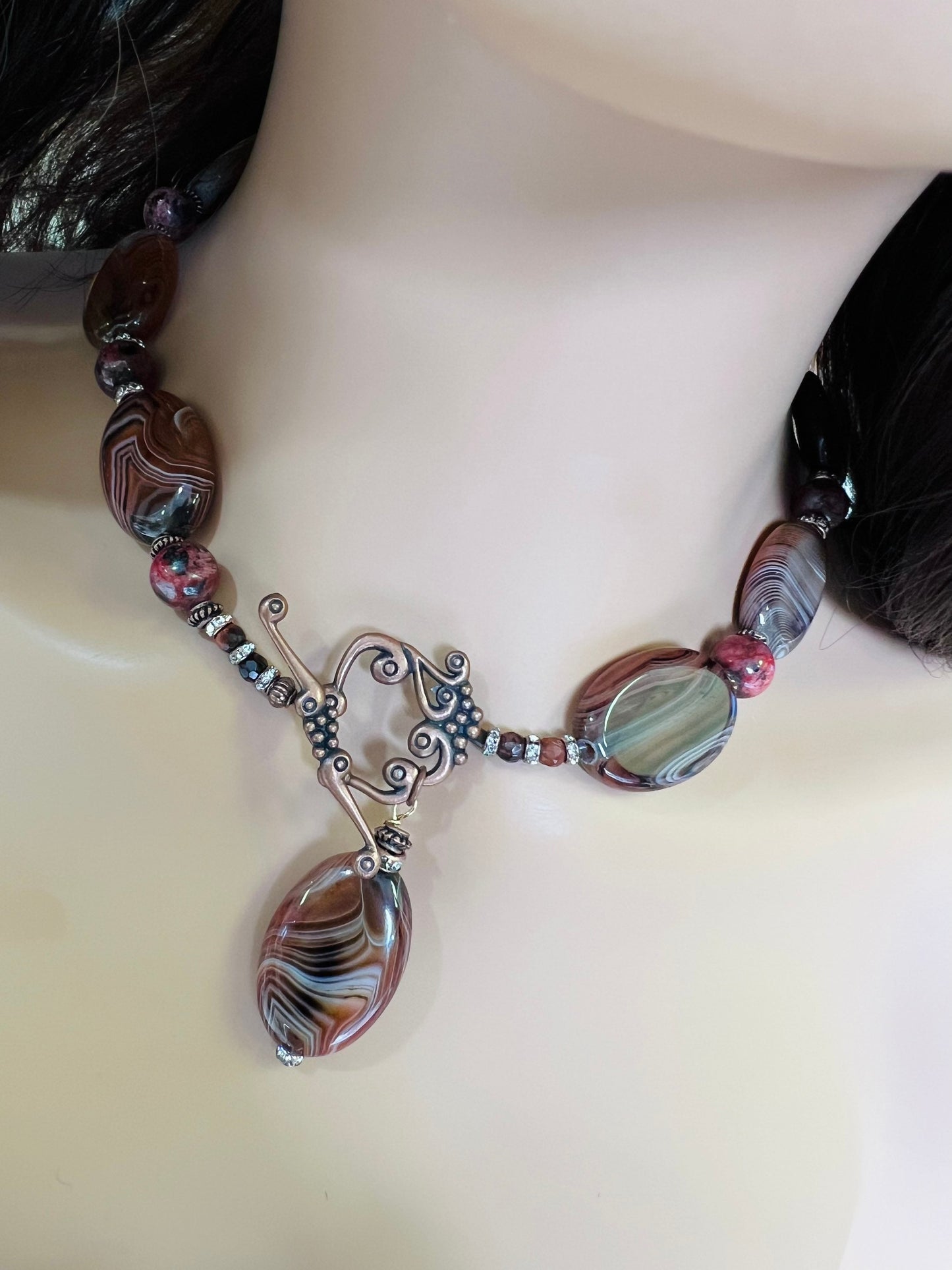 Genuine stripe agate smooth oval antique copper fancy toggle front and pendant statement chunky necklace 18”