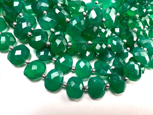 Green Onyx puff oval faceted 11x13-14mm middle drilled Natural gemstone beads ,AAA quality for Jewelry Making ,8 pcs 4” or 16 pcs full 8” st