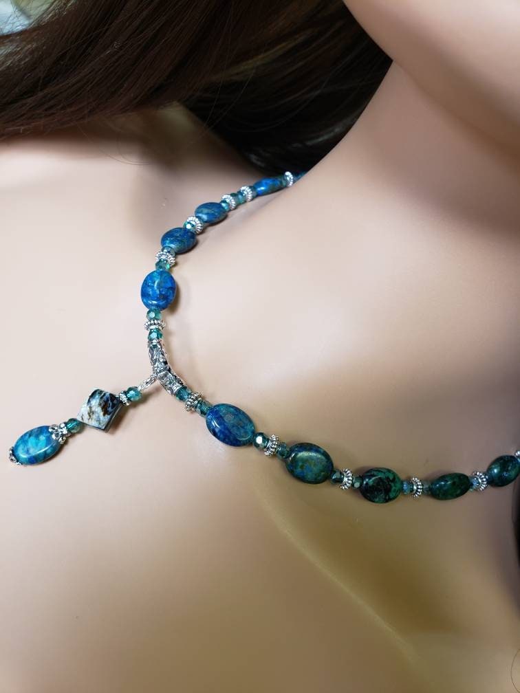 Azurite & Abalone Shell Pendant Necklace, Rhodium Silver, Bali Spacer