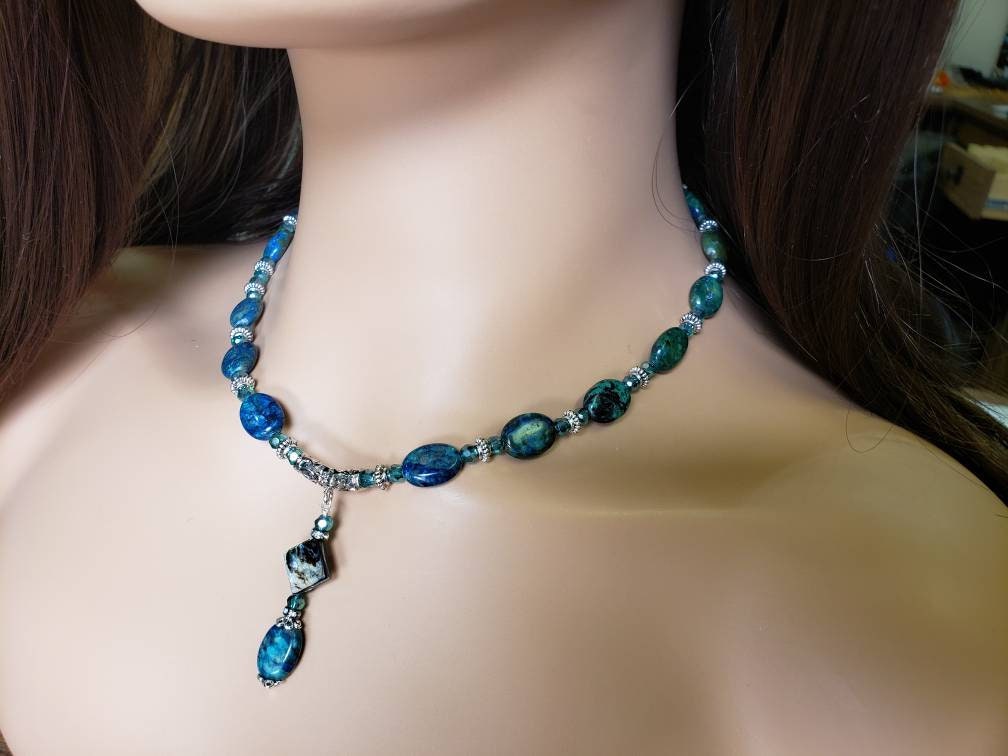 Azurite & Abalone Shell Pendant Necklace, Rhodium Silver, Bali Spacer