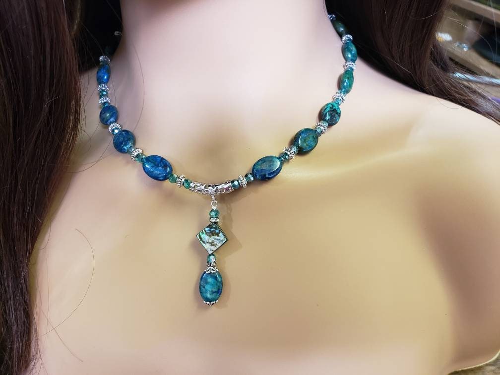 Azurite & Abalone Shell Pendant Necklace, Rhodium Silver, Bali Spacer