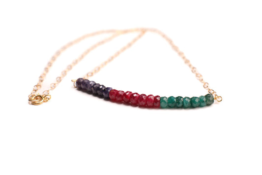 Genuine Ruby Sapphire Emerald AAA Faceted 4mm Roundel in 14K Gold Filled or 925 Sterling Silver Bar Necklace, Gift For her, Birthstone