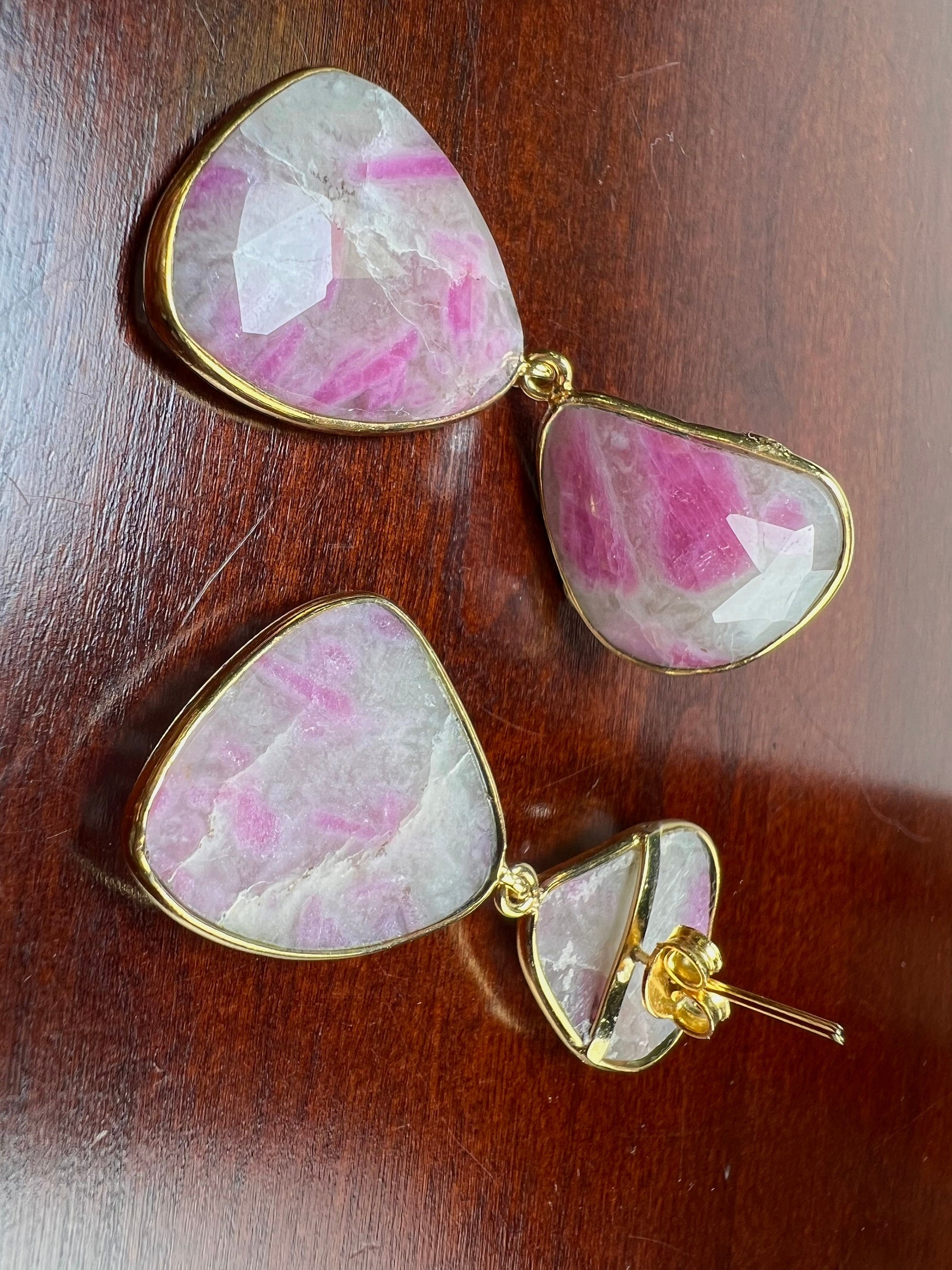 Natural Pink Sapphire Shaded Faceted Freeform triangular bezel 22k gold vermeil handmade earrings.