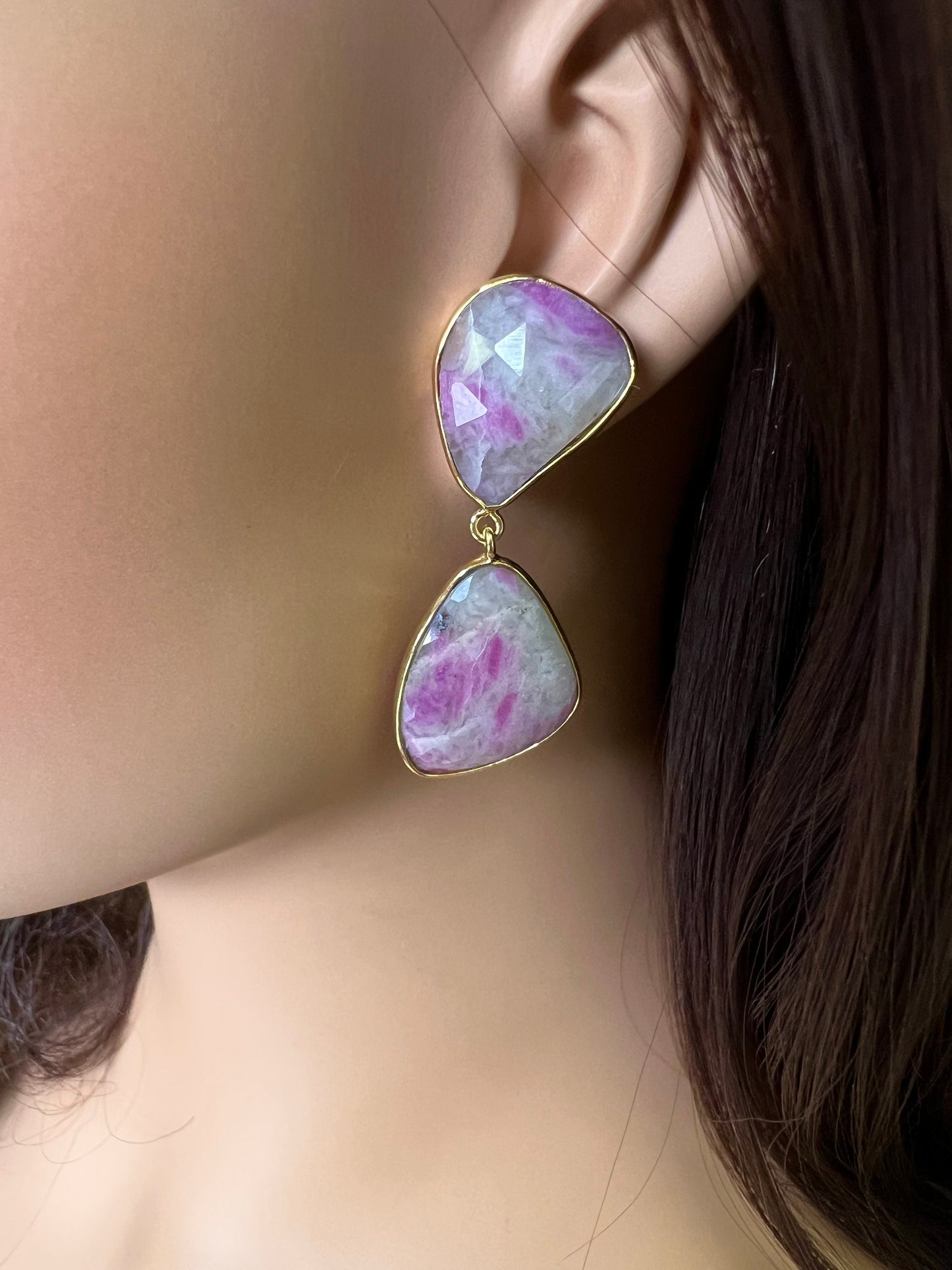 Natural Pink Sapphire Shaded Faceted Freeform triangular bezel 22k gold vermeil handmade earrings.