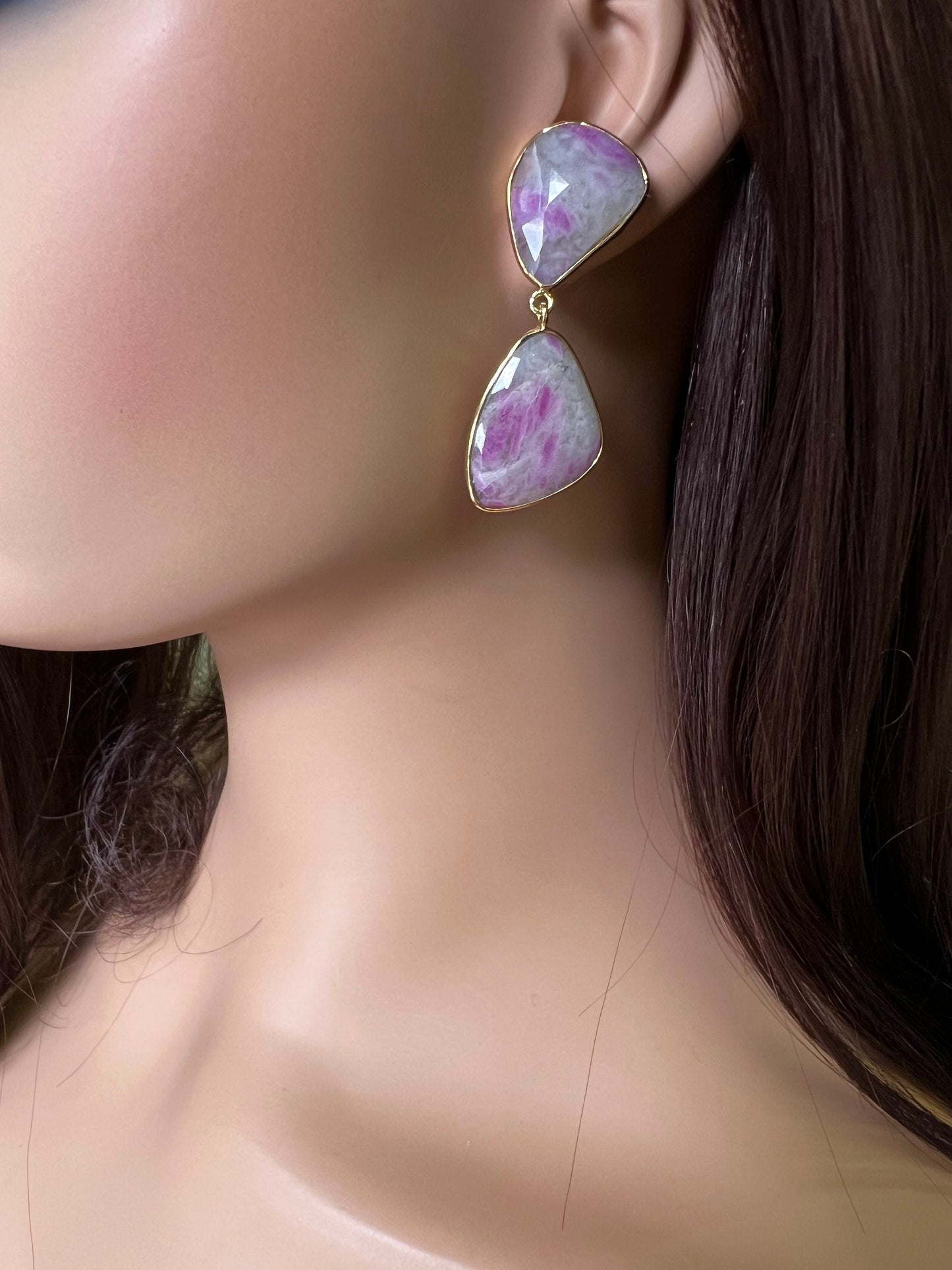 Natural Pink Sapphire Shaded Faceted Freeform triangular bezel 22k gold vermeil handmade earrings.