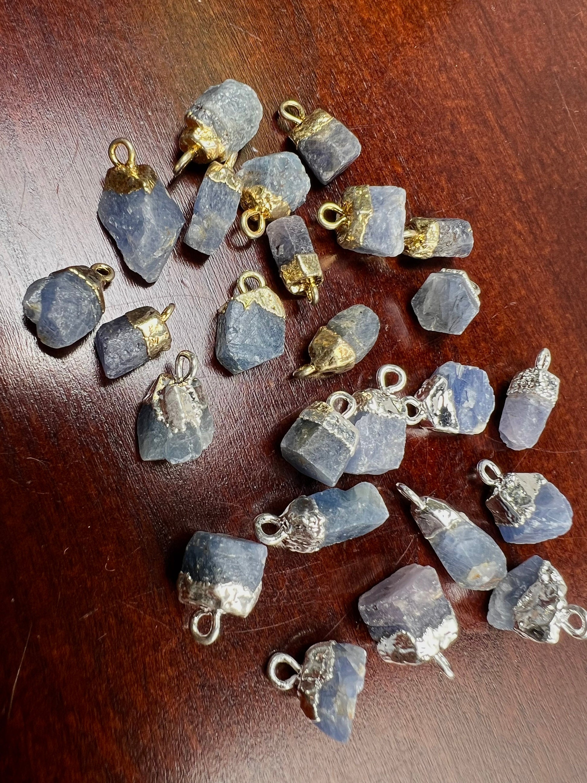 Natural Raw Blue Kyanite Freeform Gemstone with Sterling silver and 22k gold vermeil cap charms ,pendant dangle, Good luck gems .