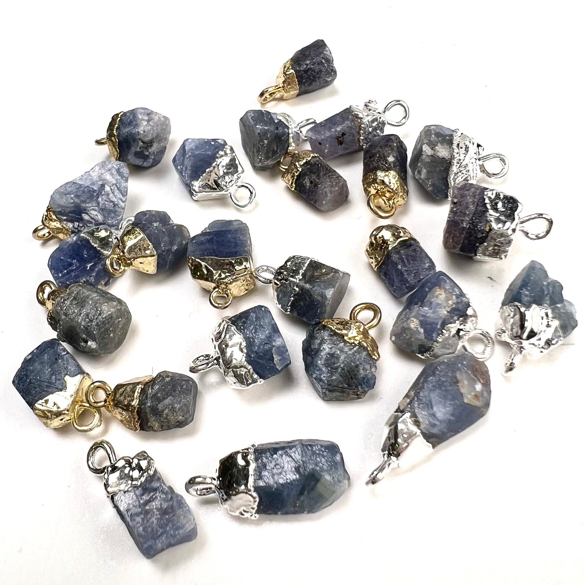 Natural Raw Blue Kyanite Freeform Gemstone with Sterling silver and 22k gold vermeil cap charms ,pendant dangle, Good luck gems .