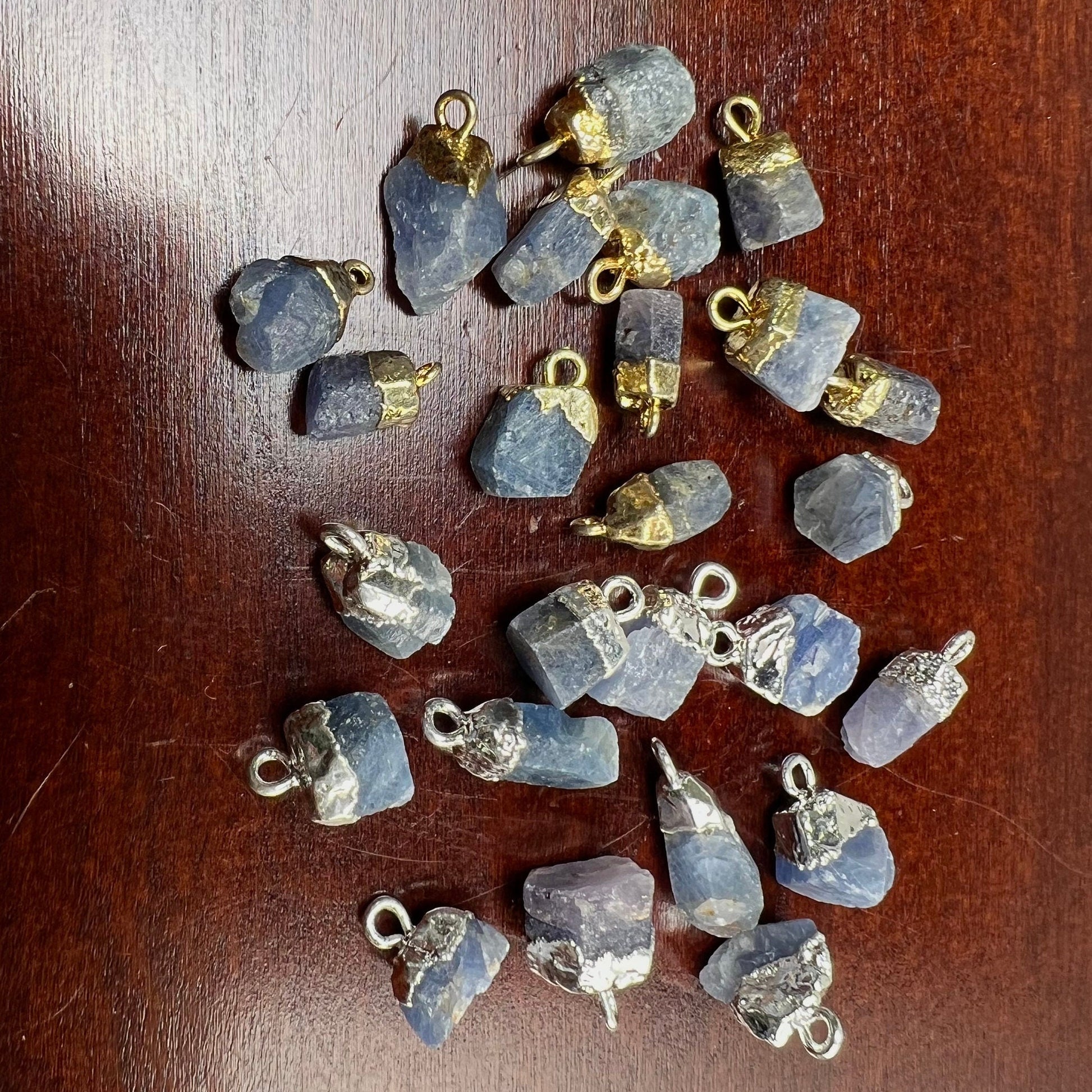 Natural Raw Blue Kyanite Freeform Gemstone with Sterling silver and 22k gold vermeil cap charms ,pendant dangle, Good luck gems .