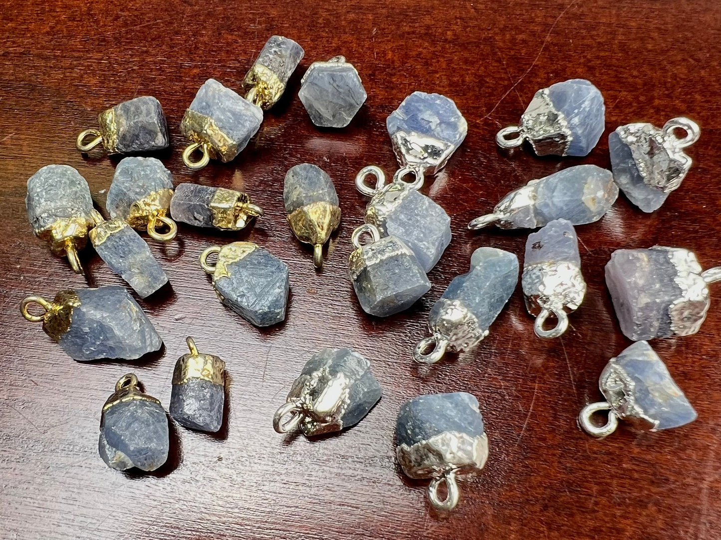 Natural Raw Blue Kyanite Freeform Gemstone with Sterling silver and 22k gold vermeil cap charms ,pendant dangle, Good luck gems .