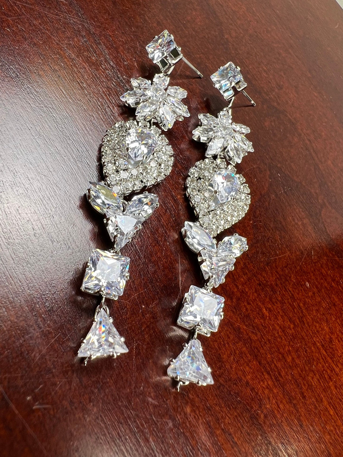 Cubic Zirconia CZ Diamond Rectangle PillShape Rhodium Silver Fancy long Post Earrings, Valentine Evening Wear,Bridal