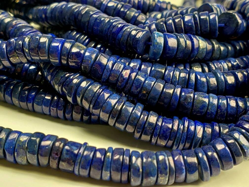 Genuine Lapis Lazuli Smooth Heishi 6.5-7mm Roundel Washer Beads 8" Strand AAA Bright Blue Gold Matrix Natural Lapis