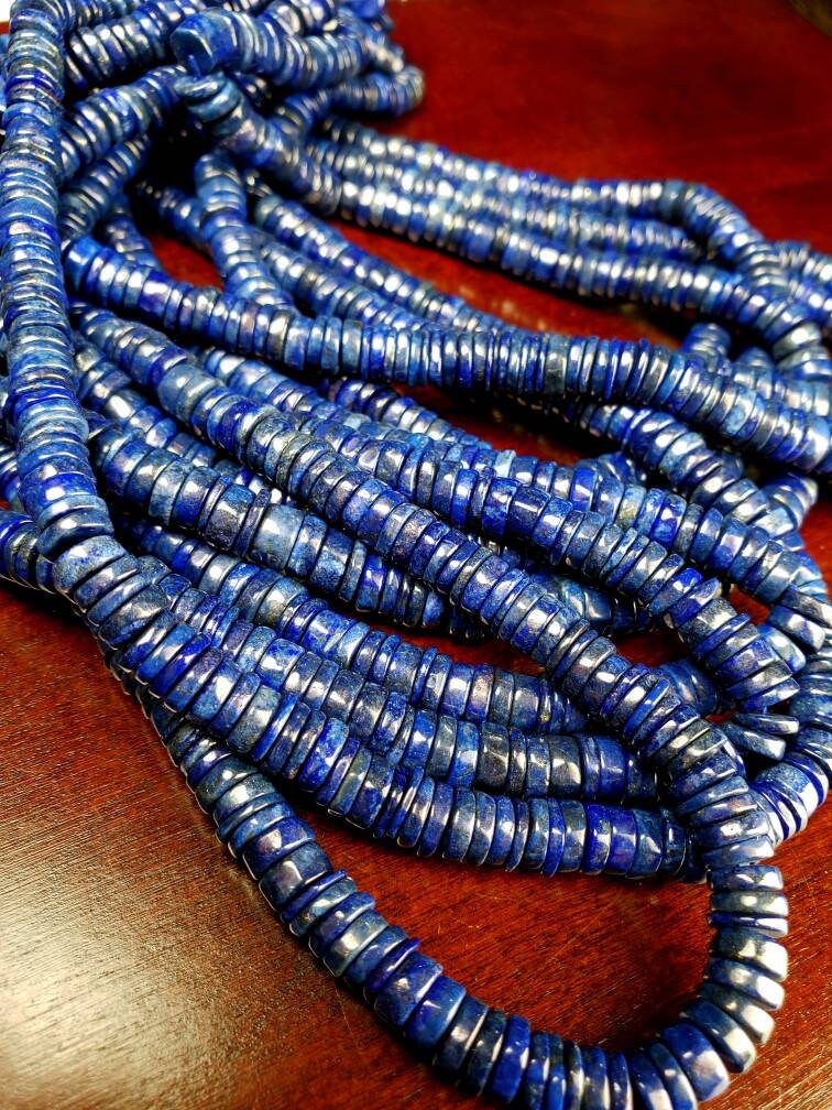 Genuine Lapis Lazuli Smooth Heishi 6.5-7mm Roundel Washer Beads 8" Strand AAA Bright Blue Gold Matrix Natural Lapis