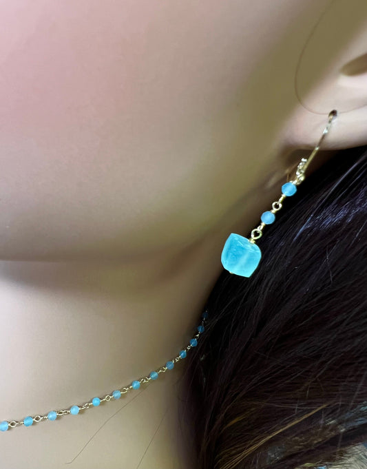 Aqua Chalcedony Faceted square cube matching chalcedony chain and earrings set . Beach summer jewelry soothing gems