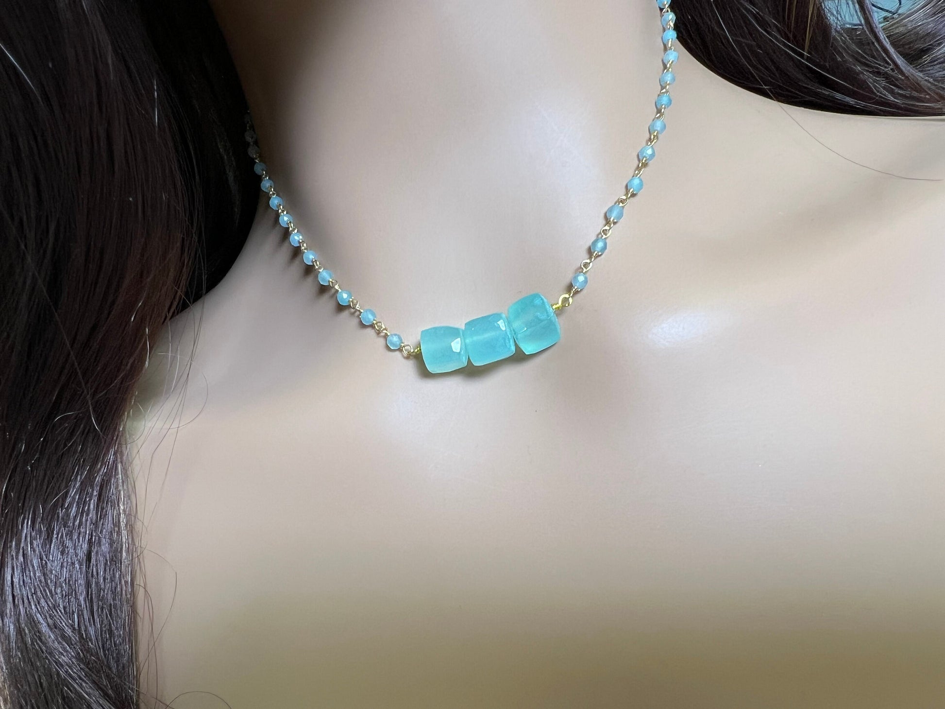 Aqua Chalcedony Faceted square cube matching chalcedony chain and earrings set . Beach summer jewelry soothing gems