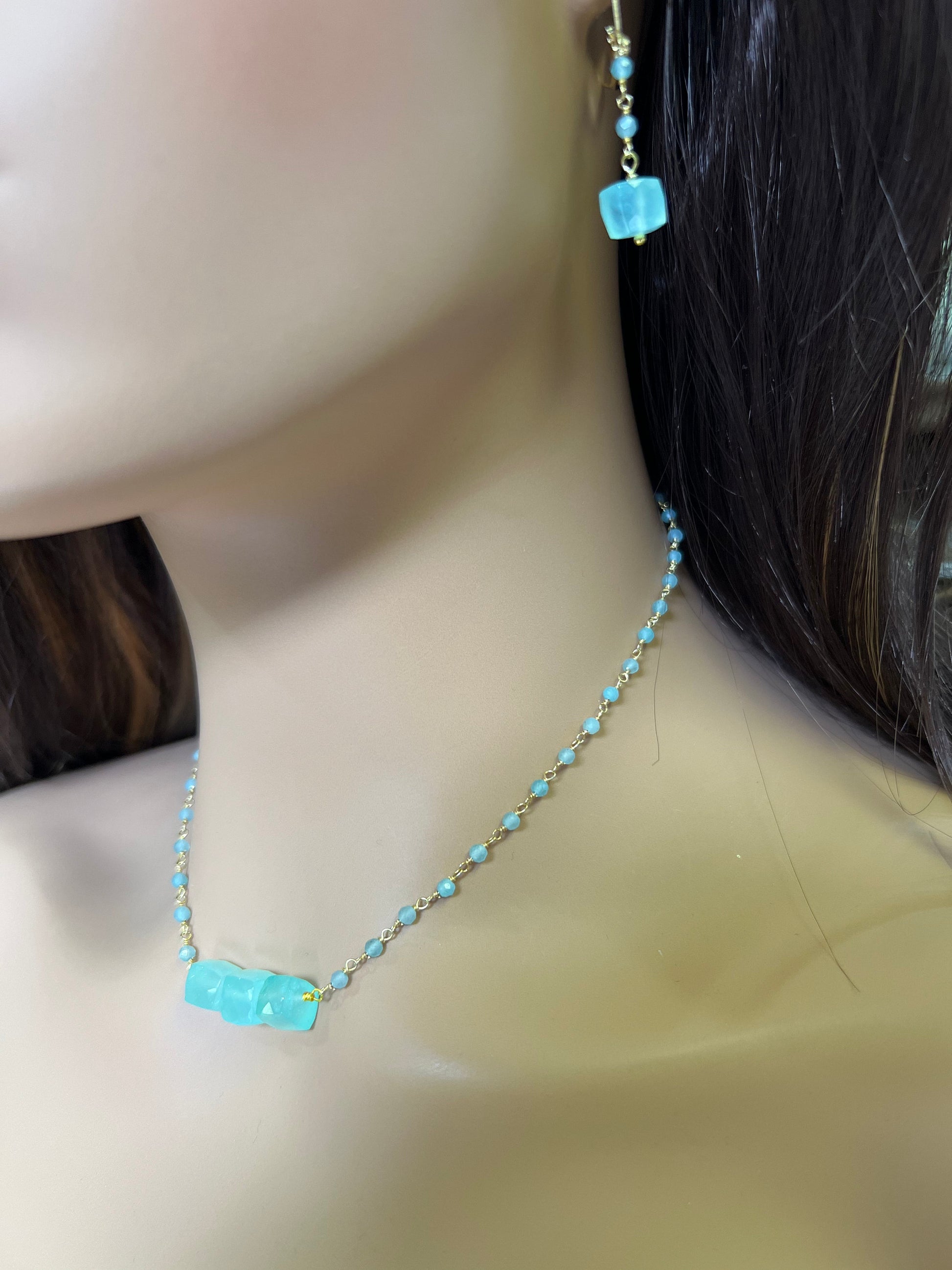 Aqua Chalcedony Faceted square cube matching chalcedony chain and earrings set . Beach summer jewelry soothing gems