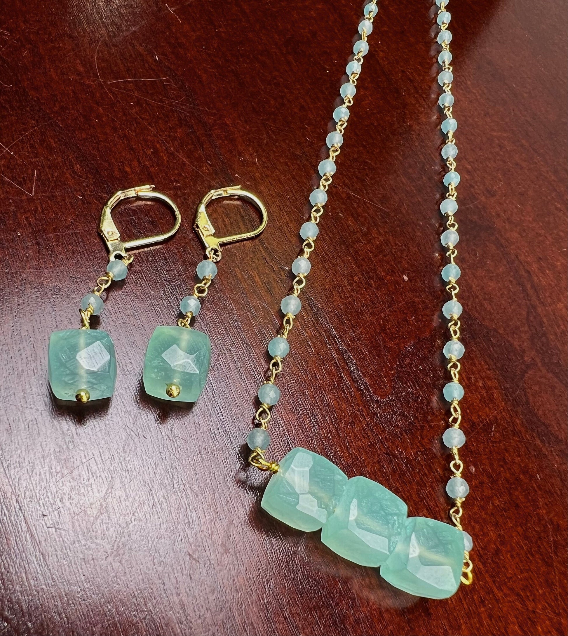 Aqua Chalcedony Faceted square cube matching chalcedony chain and earrings set . Beach summer jewelry soothing gems