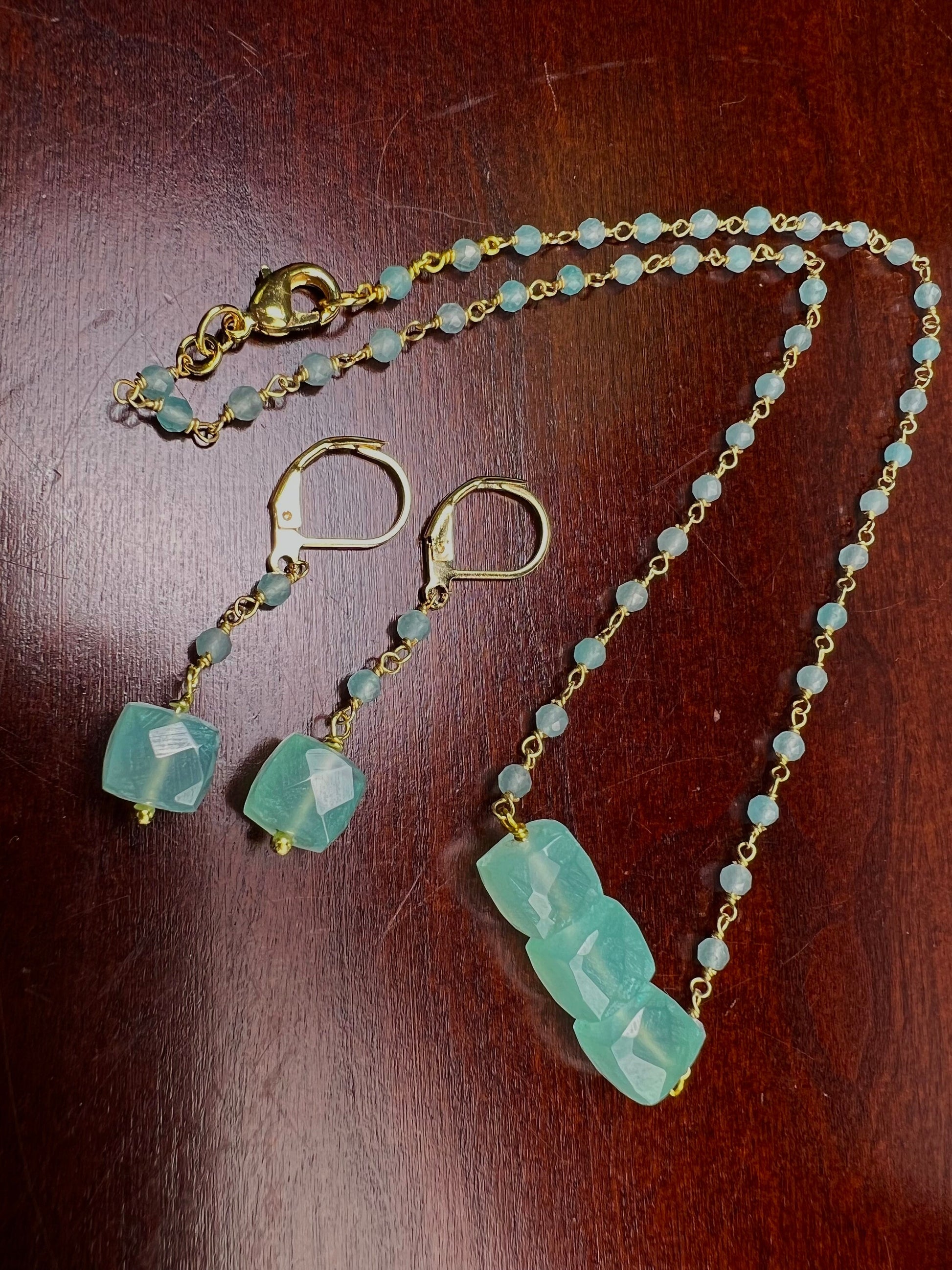 Aqua Chalcedony Faceted square cube matching chalcedony chain and earrings set . Beach summer jewelry soothing gems