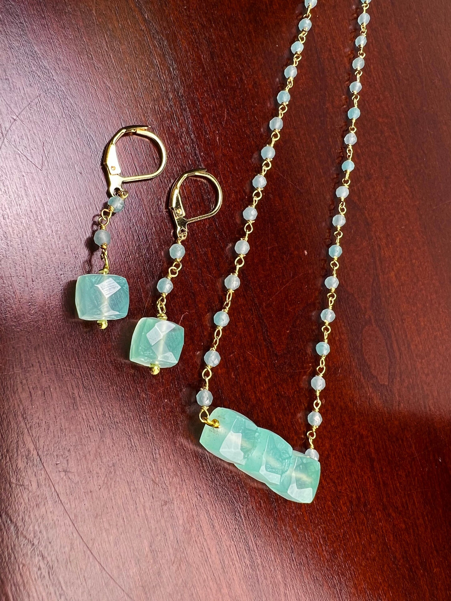 Aqua Chalcedony Faceted square cube matching chalcedony chain and earrings set . Beach summer jewelry soothing gems