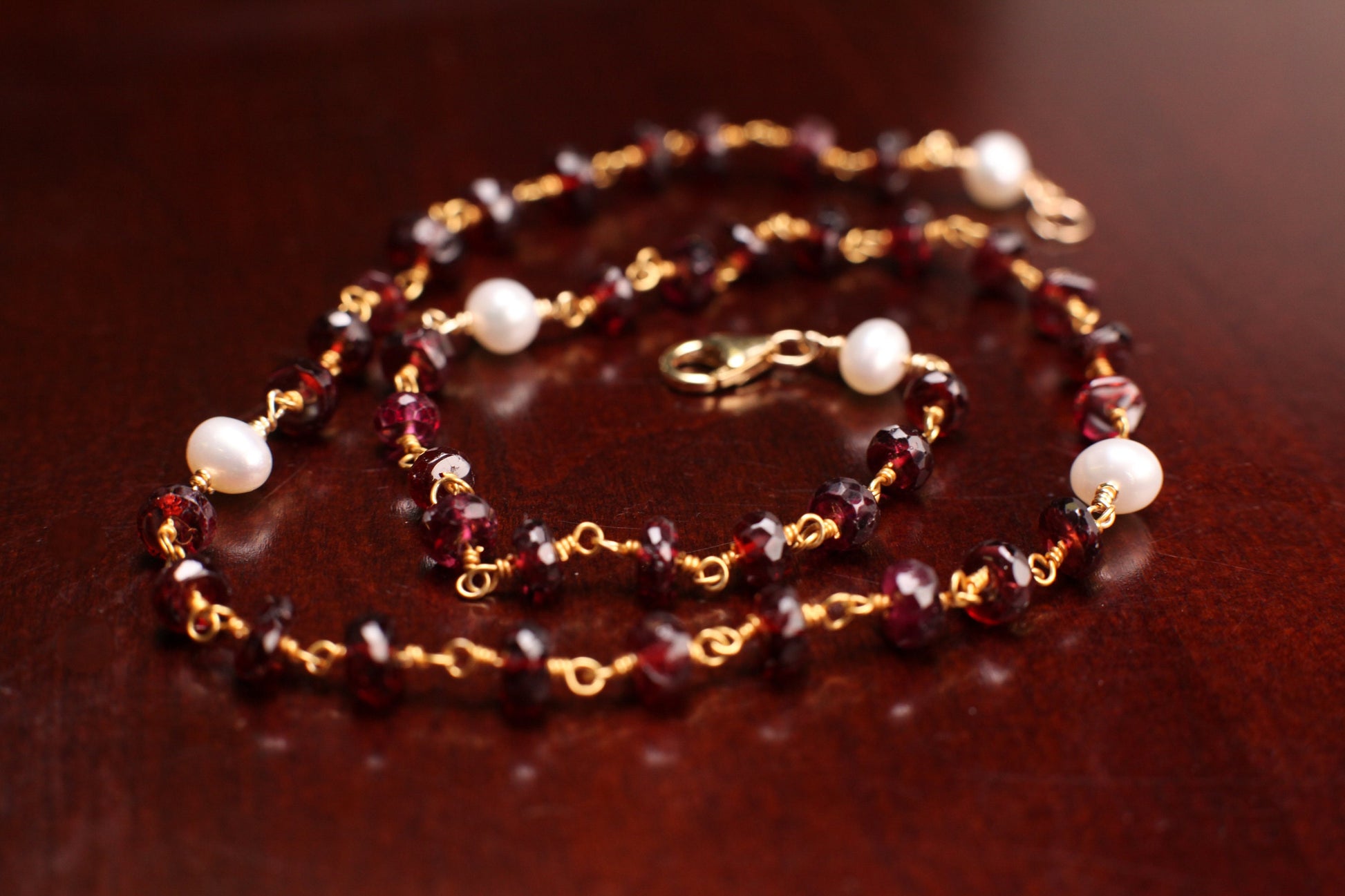 Mozambique Garnet 6mm AAA Roundel Choker wire wrapped handmade Necklace, Freshwater Pearl Spacer, 14k Goldfilled, January Birthstone