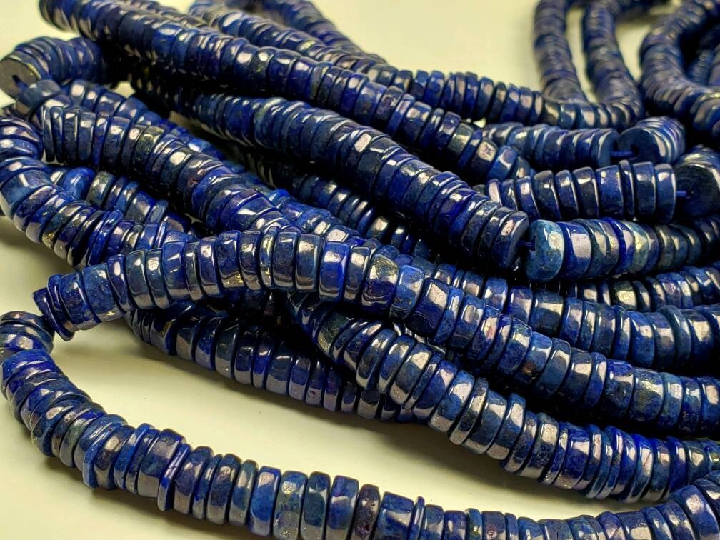 Genuine Lapis Lazuli Smooth Heishi 6.5-7mm Roundel Washer Beads 8" Strand AAA Bright Blue Gold Matrix Natural Lapis