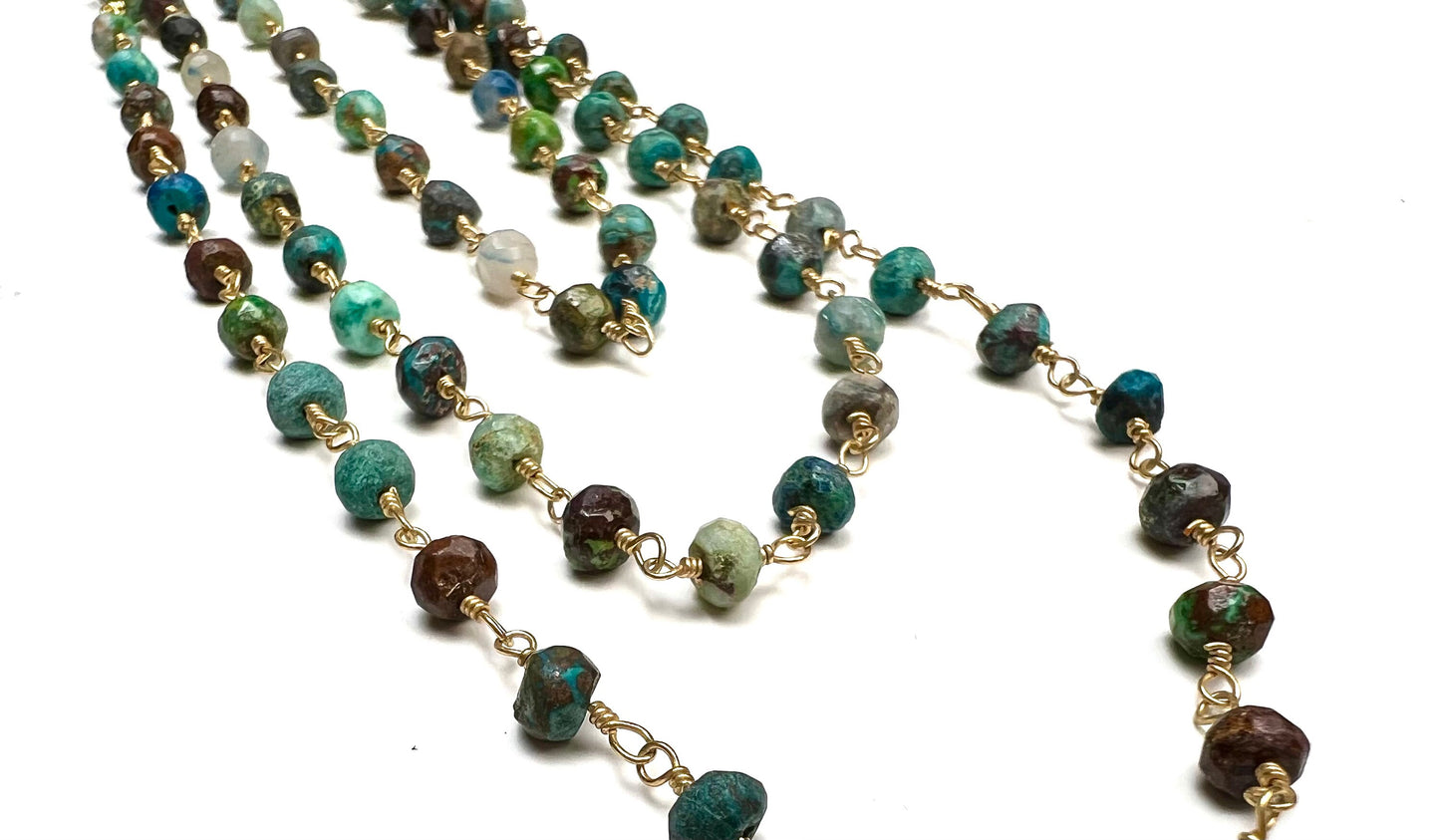 Natural Chrysocolla 4.5mm faceted roundel wire wrapped rosary gold chain Necklace