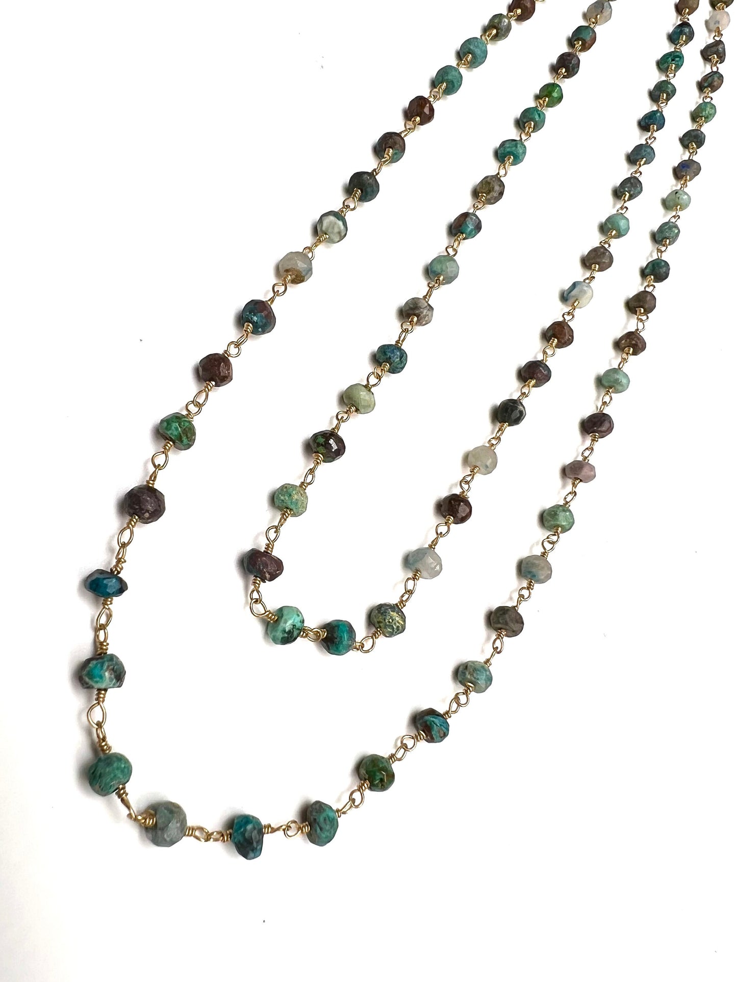 Natural Chrysocolla 4.5mm faceted roundel wire wrapped rosary gold chain Necklace