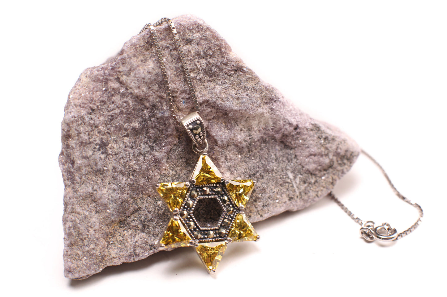 Vintage Marcasite Citrine Star of David Marcasite 925 Sterling Silver Pendant 925 Sterling Silver Chain necklace, Antique gift, 925 stamped