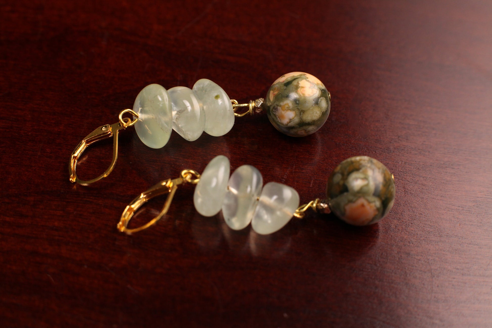 Natural Prehnite Wire Wrapped Dangling 12mm Green Rhyolite smooth round gold earrings, Beautiful handmade minimalist gemstone earrings