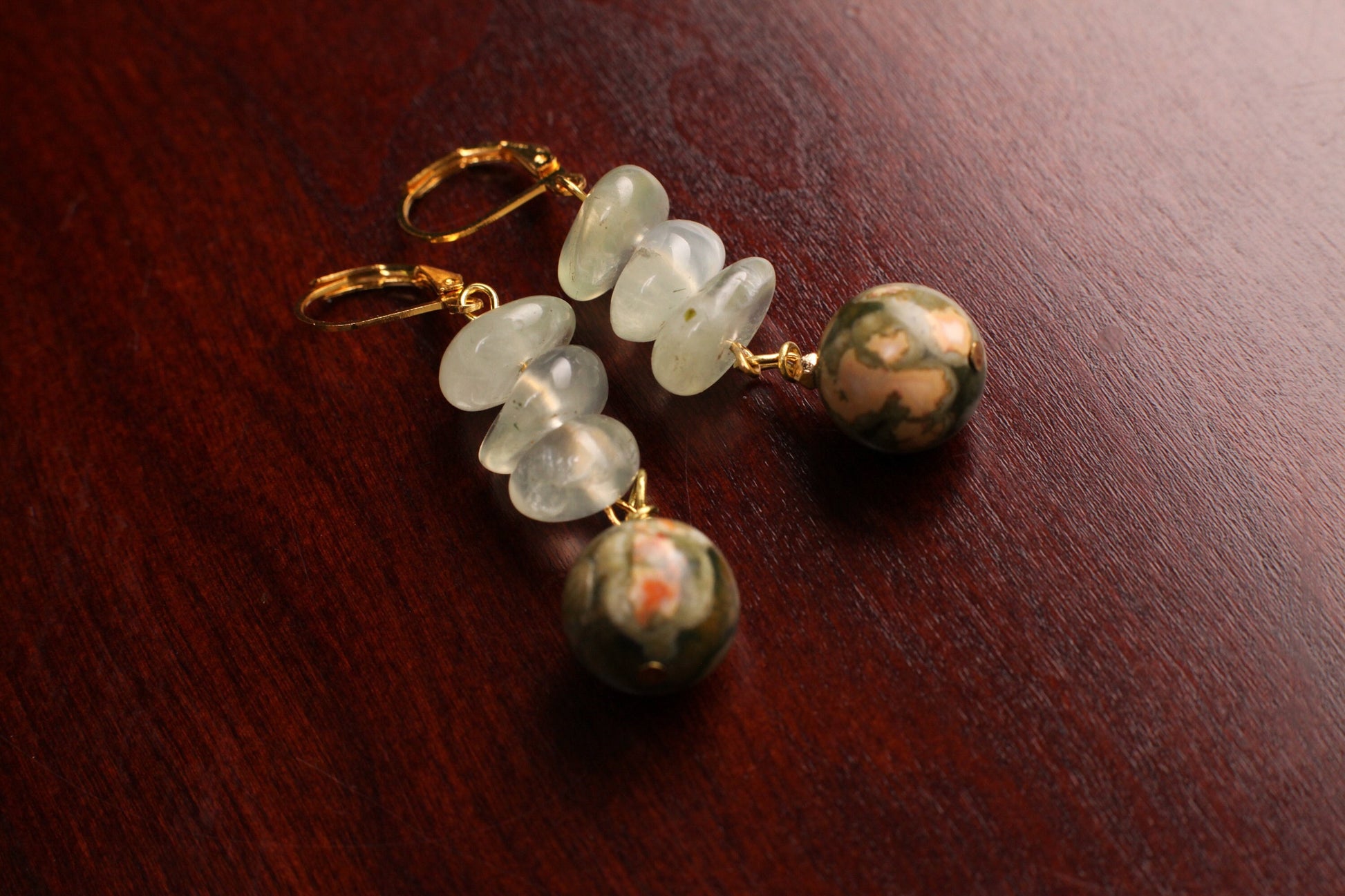 Natural Prehnite Wire Wrapped Dangling 12mm Green Rhyolite smooth round gold earrings, Beautiful handmade minimalist gemstone earrings