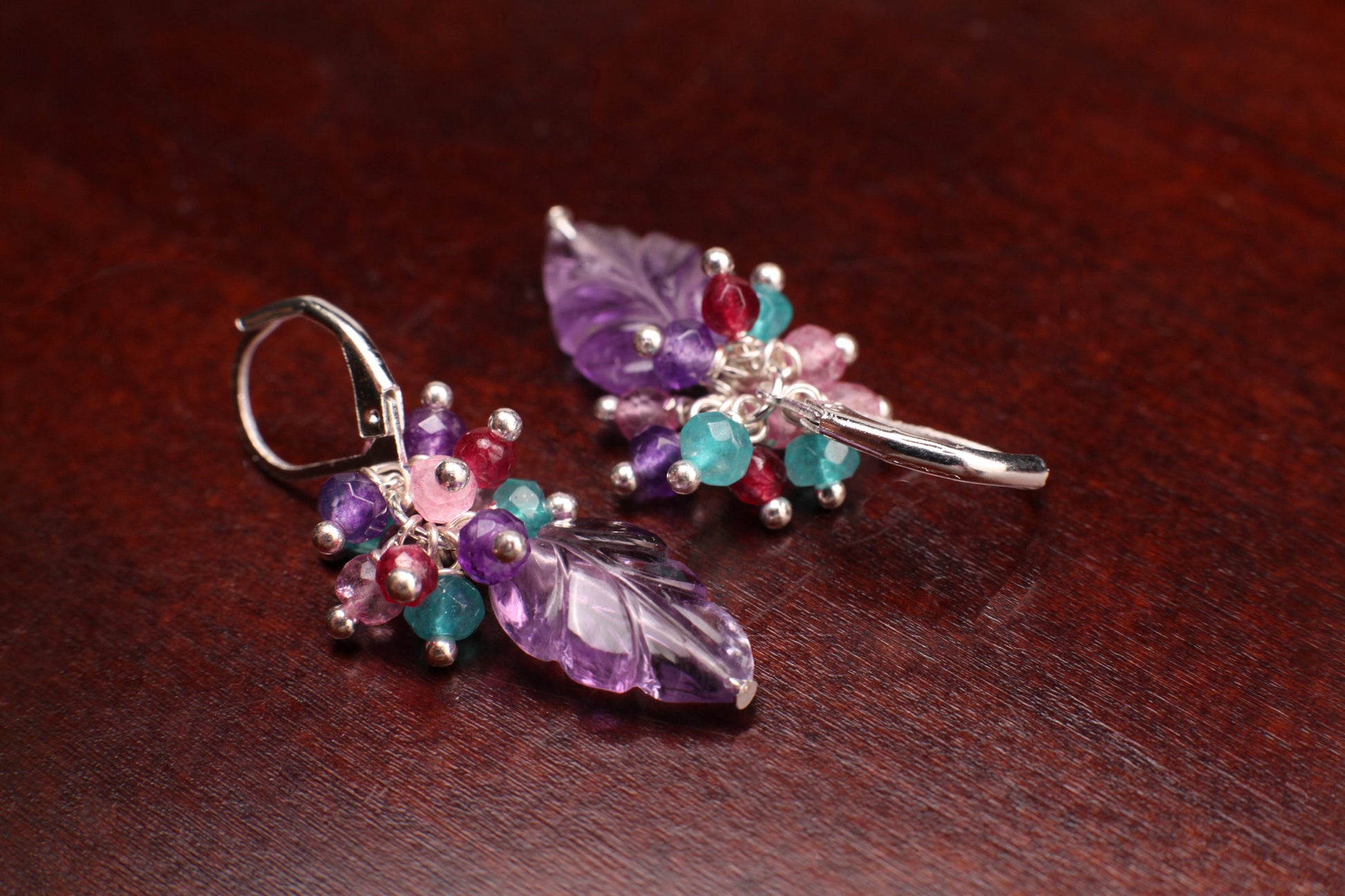 Carved Amethyst Leaf Dangling, Apatite, Garnet, Pink Topaz, Amethyst Clusters, 925 Sterling Silver Leverback Earrings, Gemstone Jewelry Gift