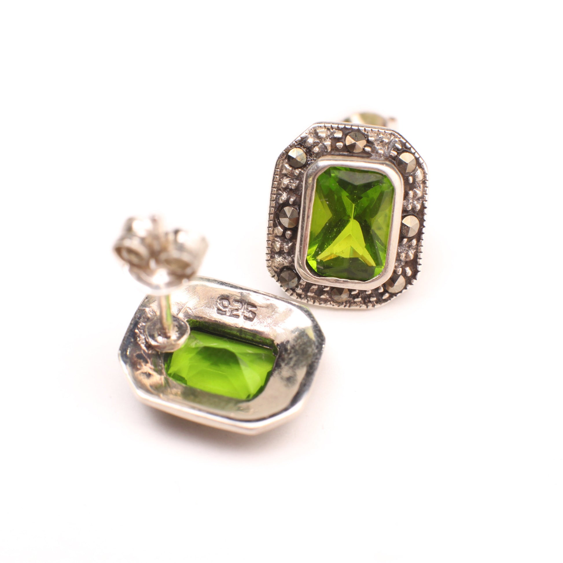 Genuine Peridot Marcasite Post Earrings in 925 Sterling Silver, precious Gift for her, 925 Stamped