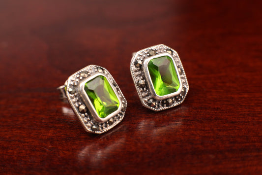 Genuine Peridot Marcasite Post Earrings in 925 Sterling Silver, precious Gift for her, 925 Stamped