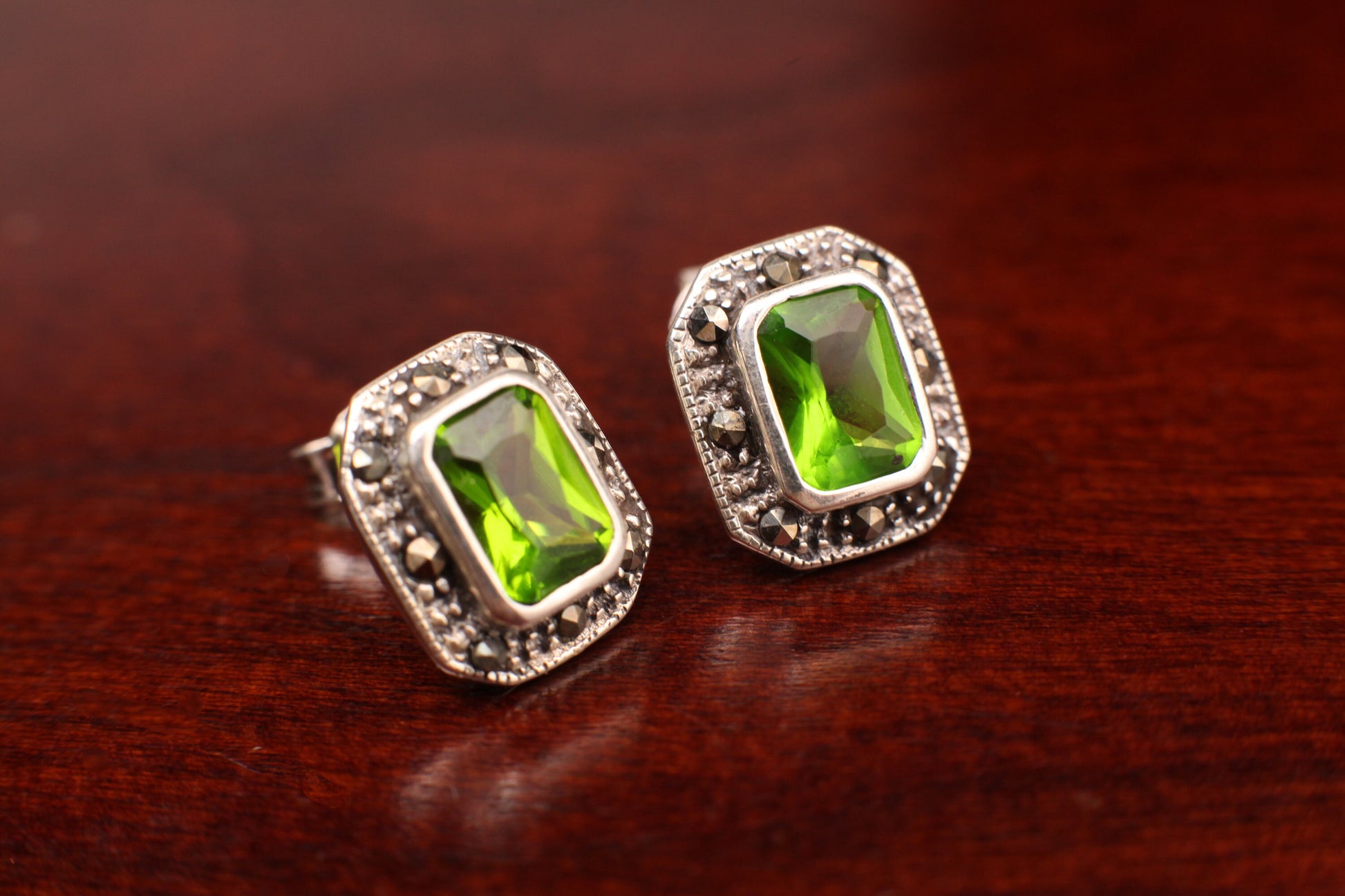 Genuine Peridot Marcasite Post Earrings in 925 Sterling Silver, precious Gift for her, 925 Stamped