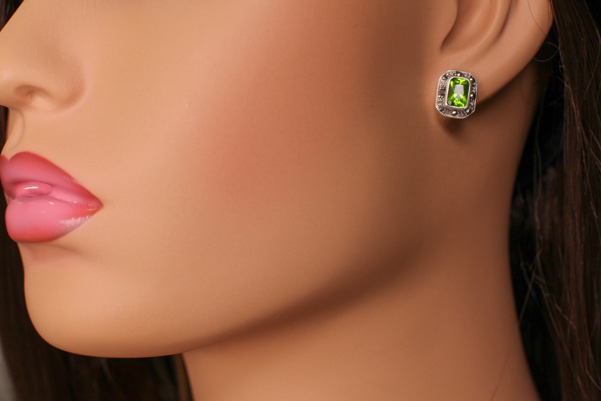 Genuine Peridot Marcasite Post Earrings in 925 Sterling Silver, precious Gift for her, 925 Stamped