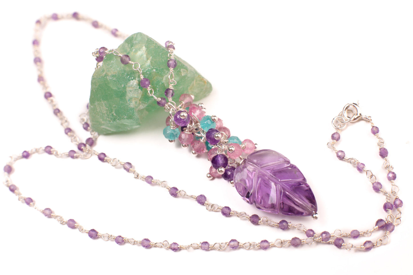 Carved Amethyst Leaf Pendant, Apatite, Garnet, Pink Topaz, Amethyst Clusters, 925 Sterling Silver Wire Wrapped Beaded Chain Necklace